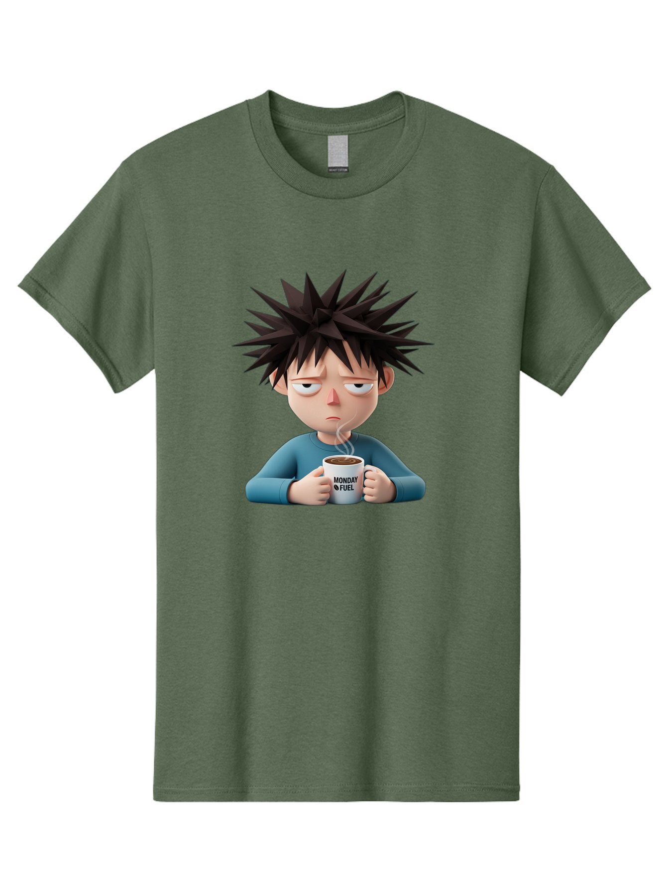 Monday-Fuel Men'S Graphic Tee, 100% Cotton, Comfortable Casual Summer Wear, Machine Washable, Cartoon Character, Monday Blues, Coffee Mug, Morning Motivation, Steam Rising, Blue Shirt, Messy Hair, Humorous Art, Coffee Culture, Morning Routine Bae532 11