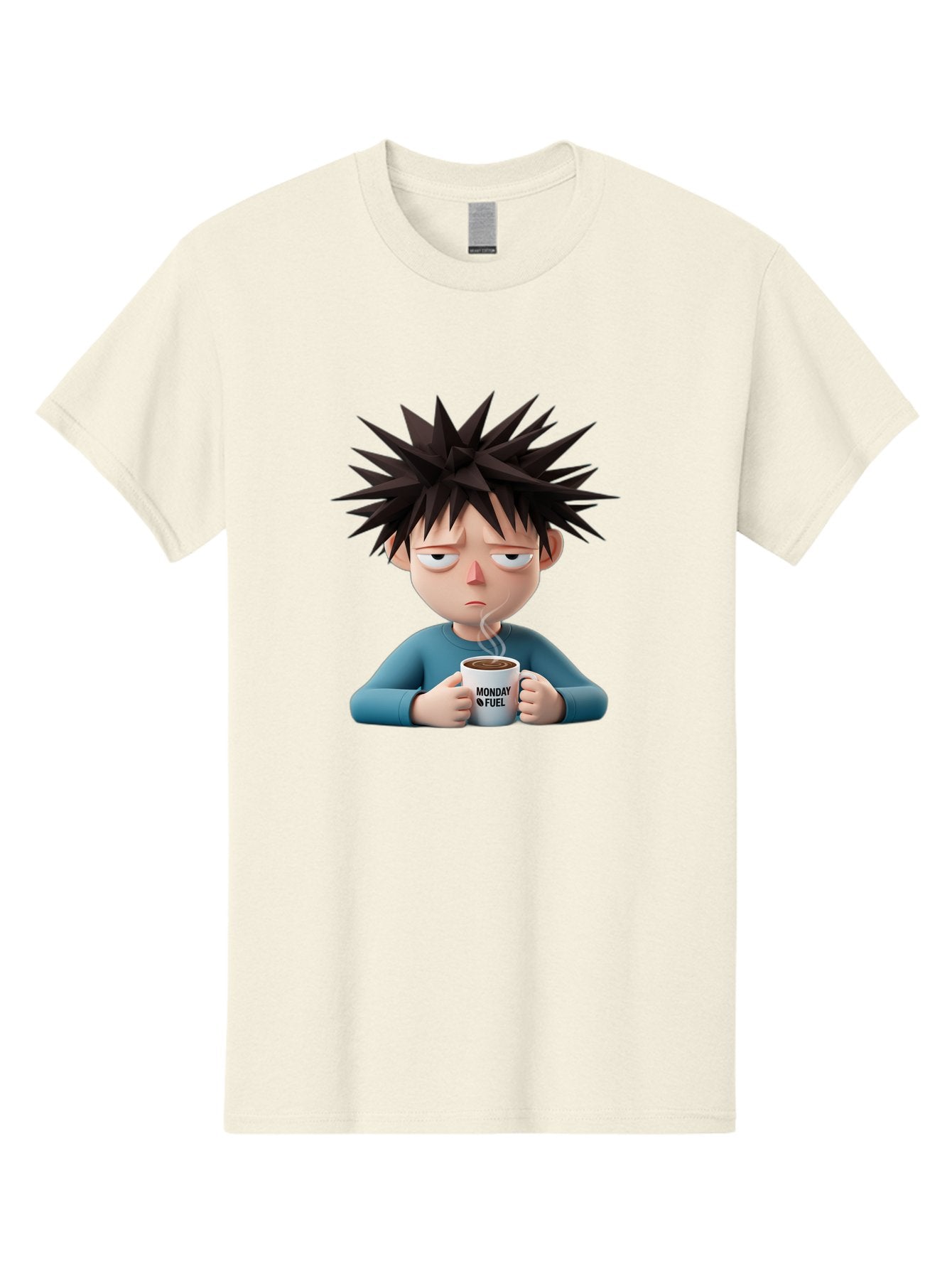 Monday-Fuel Men'S Graphic Tee, 100% Cotton, Comfortable Casual Summer Wear, Machine Washable, Cartoon Character, Monday Blues, Coffee Mug, Morning Motivation, Steam Rising, Blue Shirt, Messy Hair, Humorous Art, Coffee Culture, Morning Routine Bae532 10