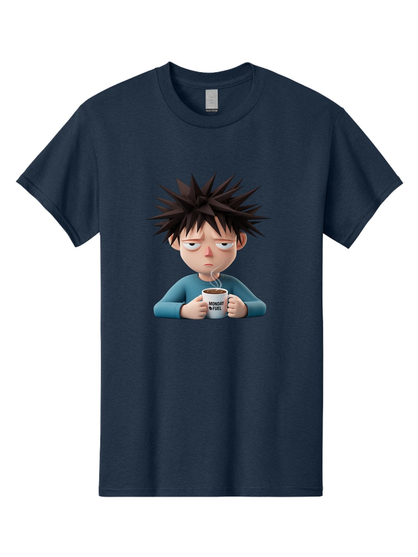 Monday-Fuel Men'S Graphic Tee, 100% Cotton, Comfortable Casual Summer Wear, Machine Washable, Cartoon Character, Monday Blues, Coffee Mug, Morning Motivation, Steam Rising, Blue Shirt, Messy Hair, Humorous Art, Coffee Culture, Morning Routine Bae532 3