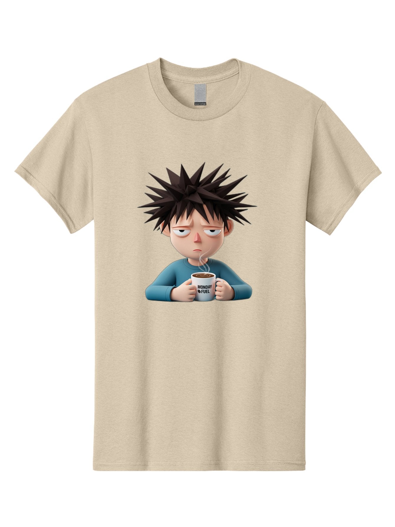 Monday-Fuel Men'S Graphic Tee, 100% Cotton, Comfortable Casual Summer Wear, Machine Washable, Cartoon Character, Monday Blues, Coffee Mug, Morning Motivation, Steam Rising, Blue Shirt, Messy Hair, Humorous Art, Coffee Culture, Morning Routine Bae532 4