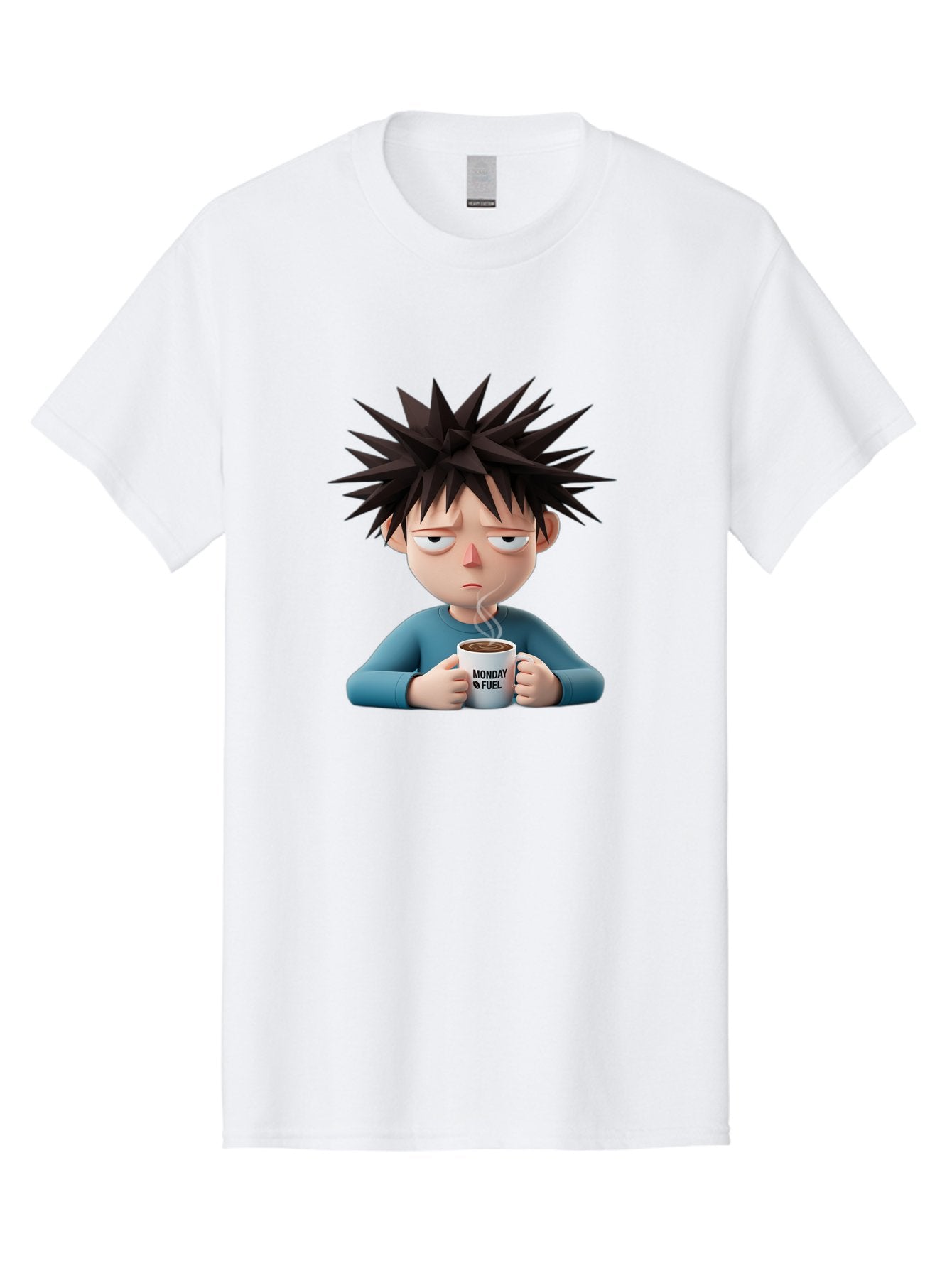 Monday-Fuel Men'S Graphic Tee, 100% Cotton, Comfortable Casual Summer Wear, Machine Washable, Cartoon Character, Monday Blues, Coffee Mug, Morning Motivation, Steam Rising, Blue Shirt, Messy Hair, Humorous Art, Coffee Culture, Morning Routine Bae532 5