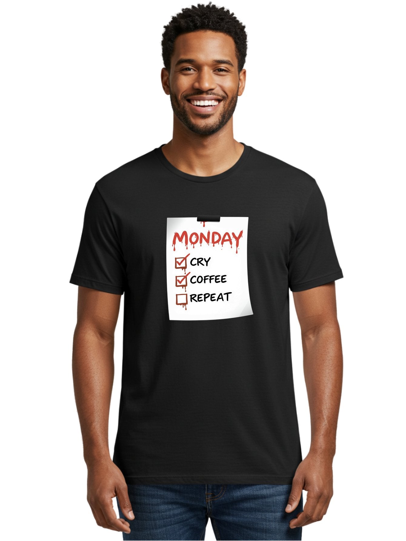 Monday-To-Do-List-2 Men'S Graphic Tee, 100% Cotton, Comfortable Casual Summer Wear, Machine Washable, Humorous To-Do List, Monday Blues, Cry, Coffee, Repeat, Funny Office Humor, Workplace Comedy, Blood Dripping Text, Checklist, Relatable Meme Bae540 16