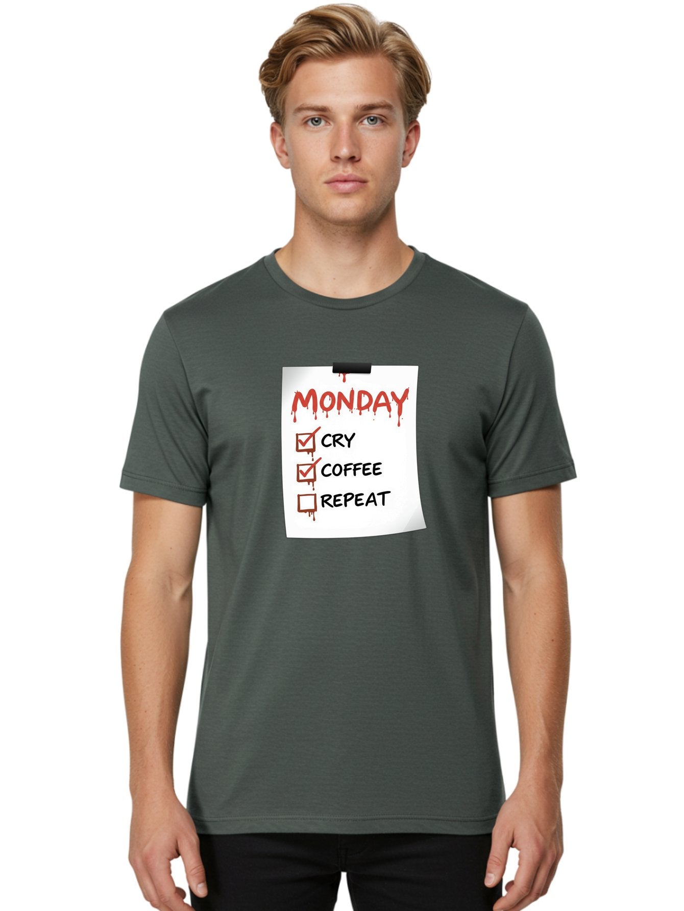 Monday-To-Do-List-2 Men'S Graphic Tee, 100% Cotton, Comfortable Casual Summer Wear, Machine Washable, Humorous To-Do List, Monday Blues, Cry, Coffee, Repeat, Funny Office Humor, Workplace Comedy, Blood Dripping Text, Checklist, Relatable Meme Bae540 27