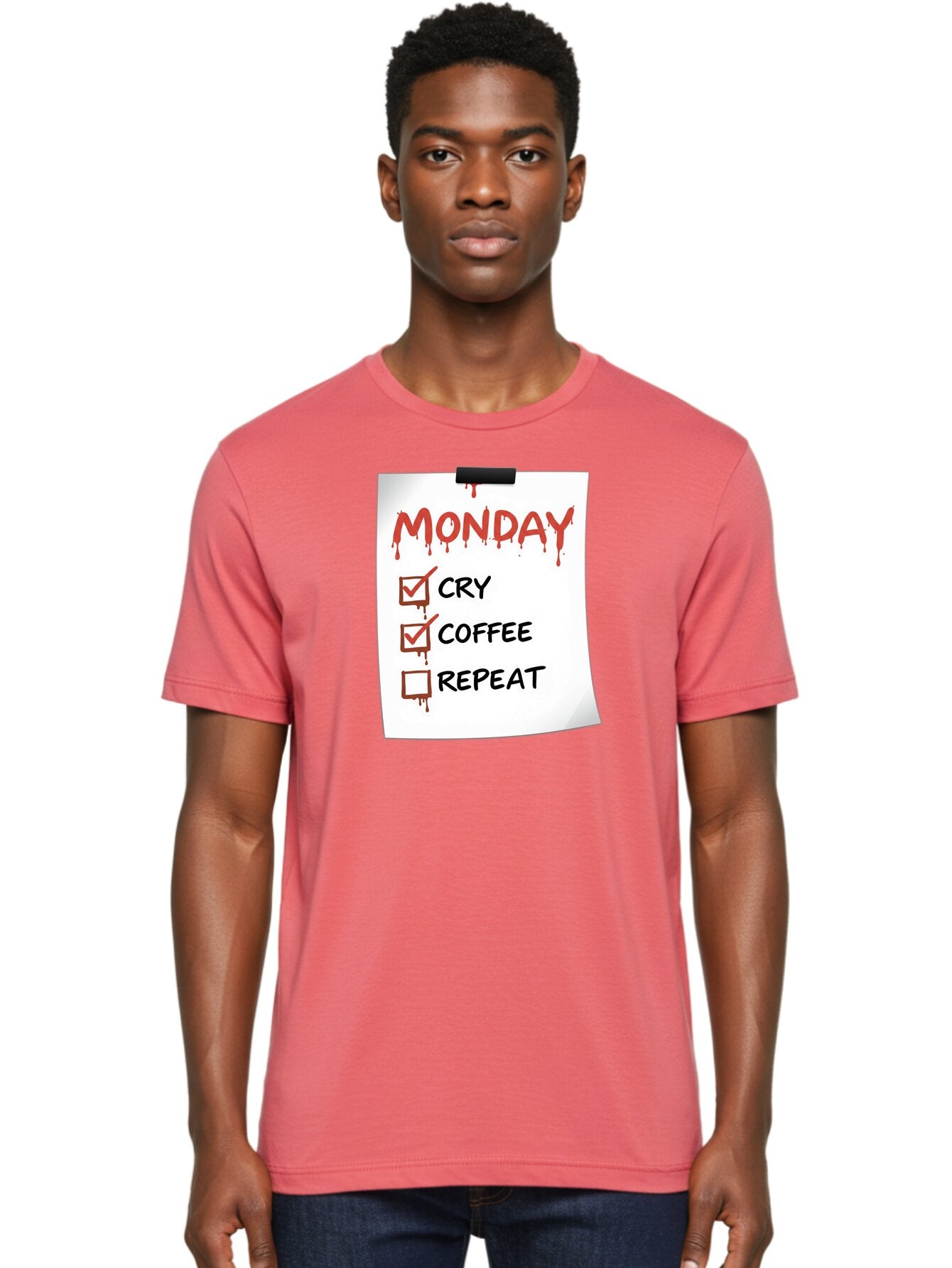 Monday-To-Do-List-2 Men'S Graphic Tee, 100% Cotton, Comfortable Casual Summer Wear, Machine Washable, Humorous To-Do List, Monday Blues, Cry, Coffee, Repeat, Funny Office Humor, Workplace Comedy, Blood Dripping Text, Checklist, Relatable Meme Bae540 17