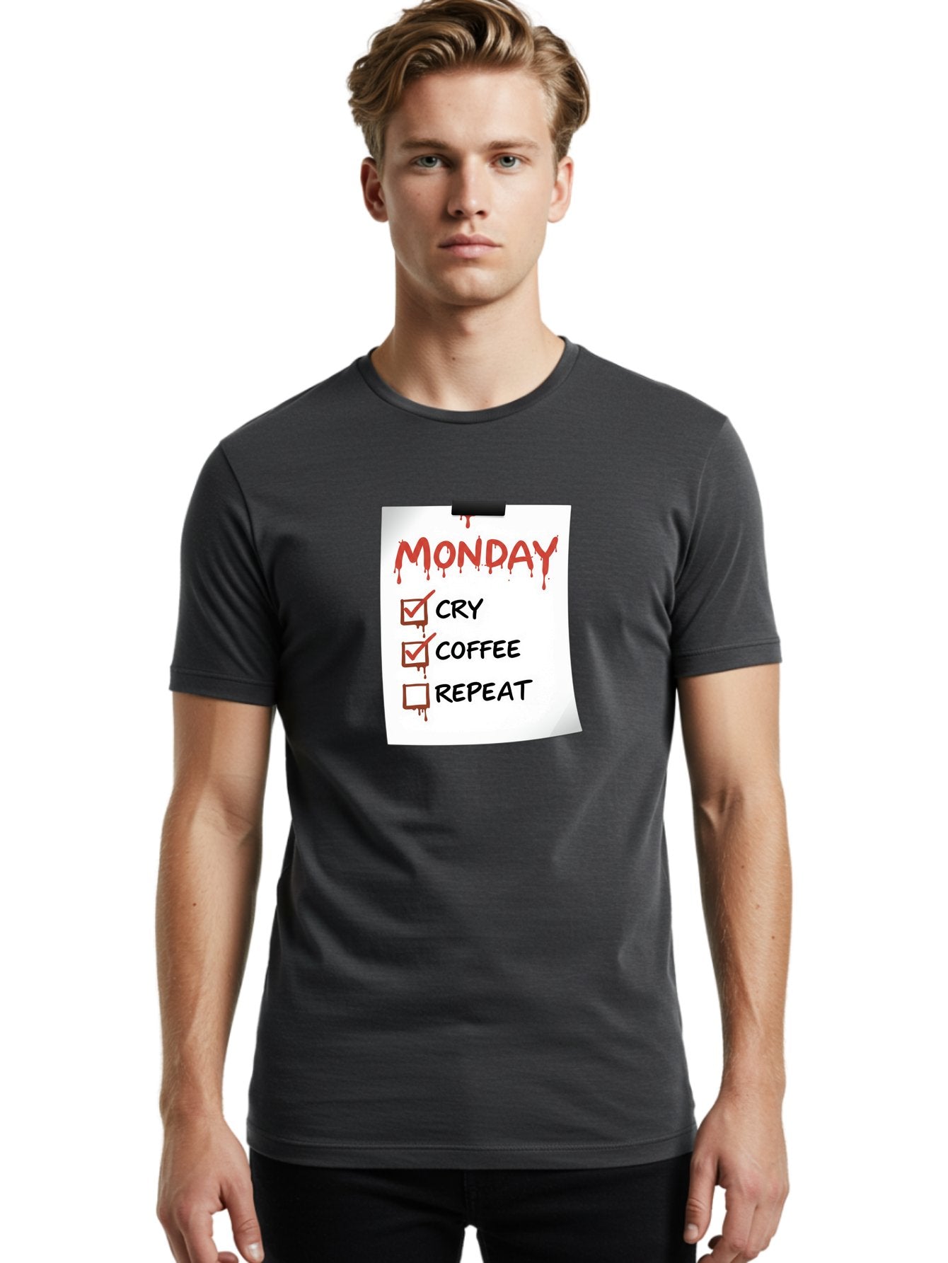 Monday-To-Do-List-2 Men'S Graphic Tee, 100% Cotton, Comfortable Casual Summer Wear, Machine Washable, Humorous To-Do List, Monday Blues, Cry, Coffee, Repeat, Funny Office Humor, Workplace Comedy, Blood Dripping Text, Checklist, Relatable Meme Bae540 30