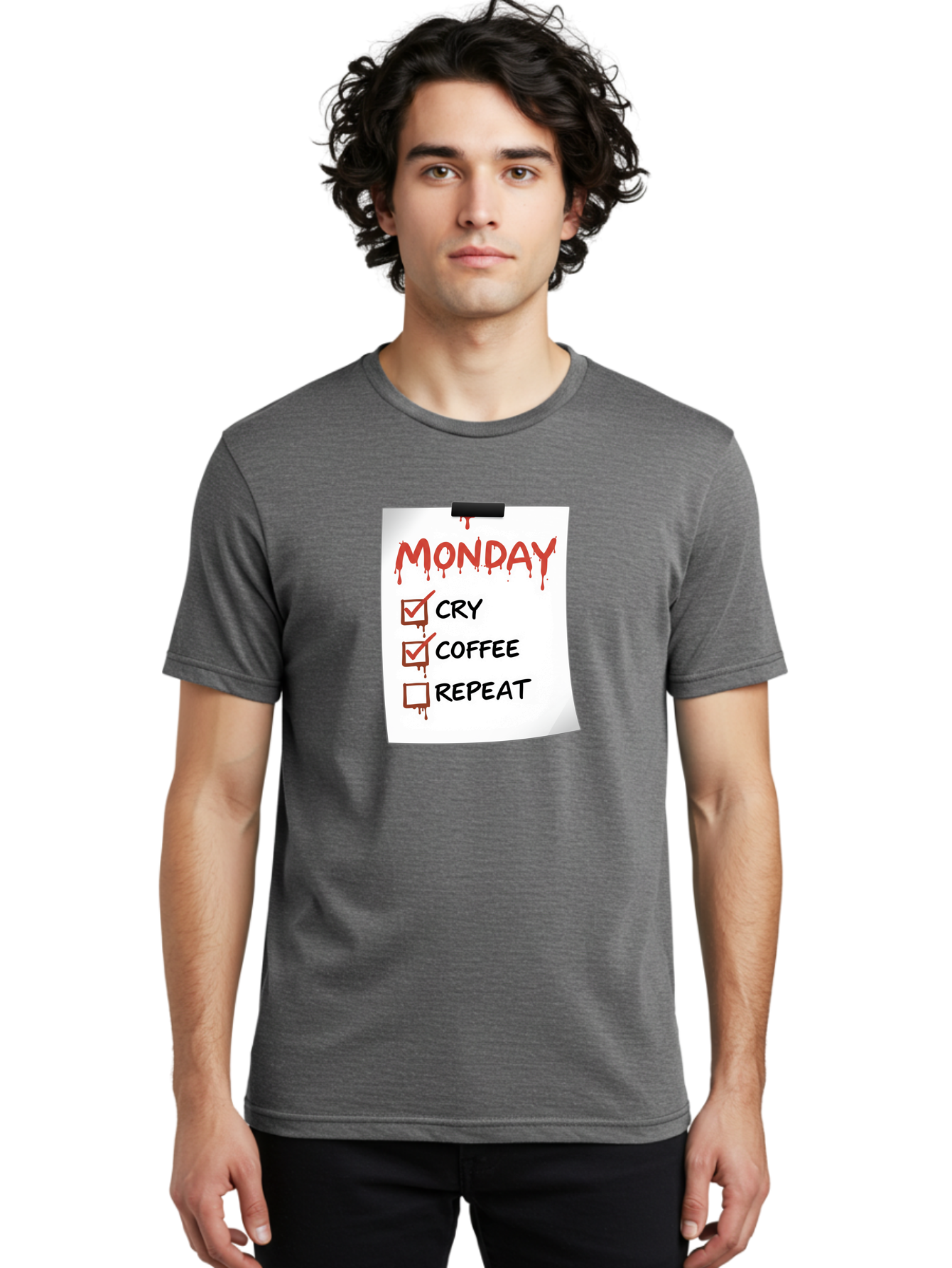 Monday-To-Do-List-2 Men'S Graphic Tee, 100% Cotton, Comfortable Casual Summer Wear, Machine Washable, Humorous To-Do List, Monday Blues, Cry, Coffee, Repeat, Funny Office Humor, Workplace Comedy, Blood Dripping Text, Checklist, Relatable Meme Bae540 17