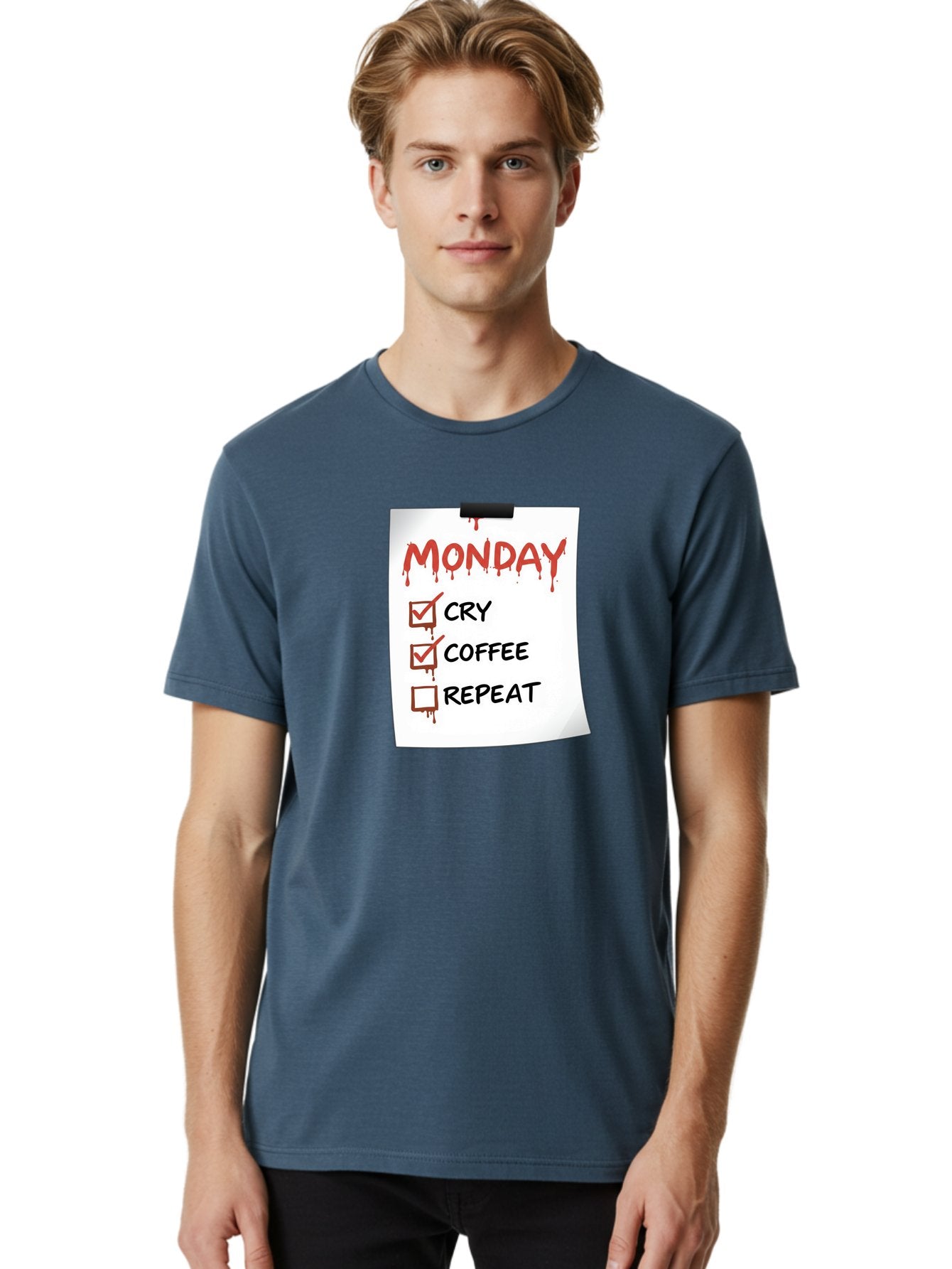 Monday-To-Do-List-2 Men'S Graphic Tee, 100% Cotton, Comfortable Casual Summer Wear, Machine Washable, Humorous To-Do List, Monday Blues, Cry, Coffee, Repeat, Funny Office Humor, Workplace Comedy, Blood Dripping Text, Checklist, Relatable Meme Bae540 26