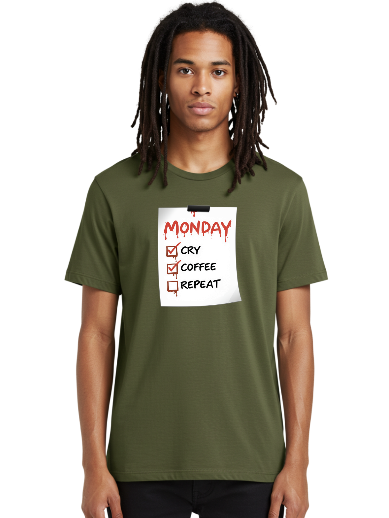 Monday-To-Do-List-2 Men'S Graphic Tee, 100% Cotton, Comfortable Casual Summer Wear, Machine Washable, Humorous To-Do List, Monday Blues, Cry, Coffee, Repeat, Funny Office Humor, Workplace Comedy, Blood Dripping Text, Checklist, Relatable Meme Bae540 24
