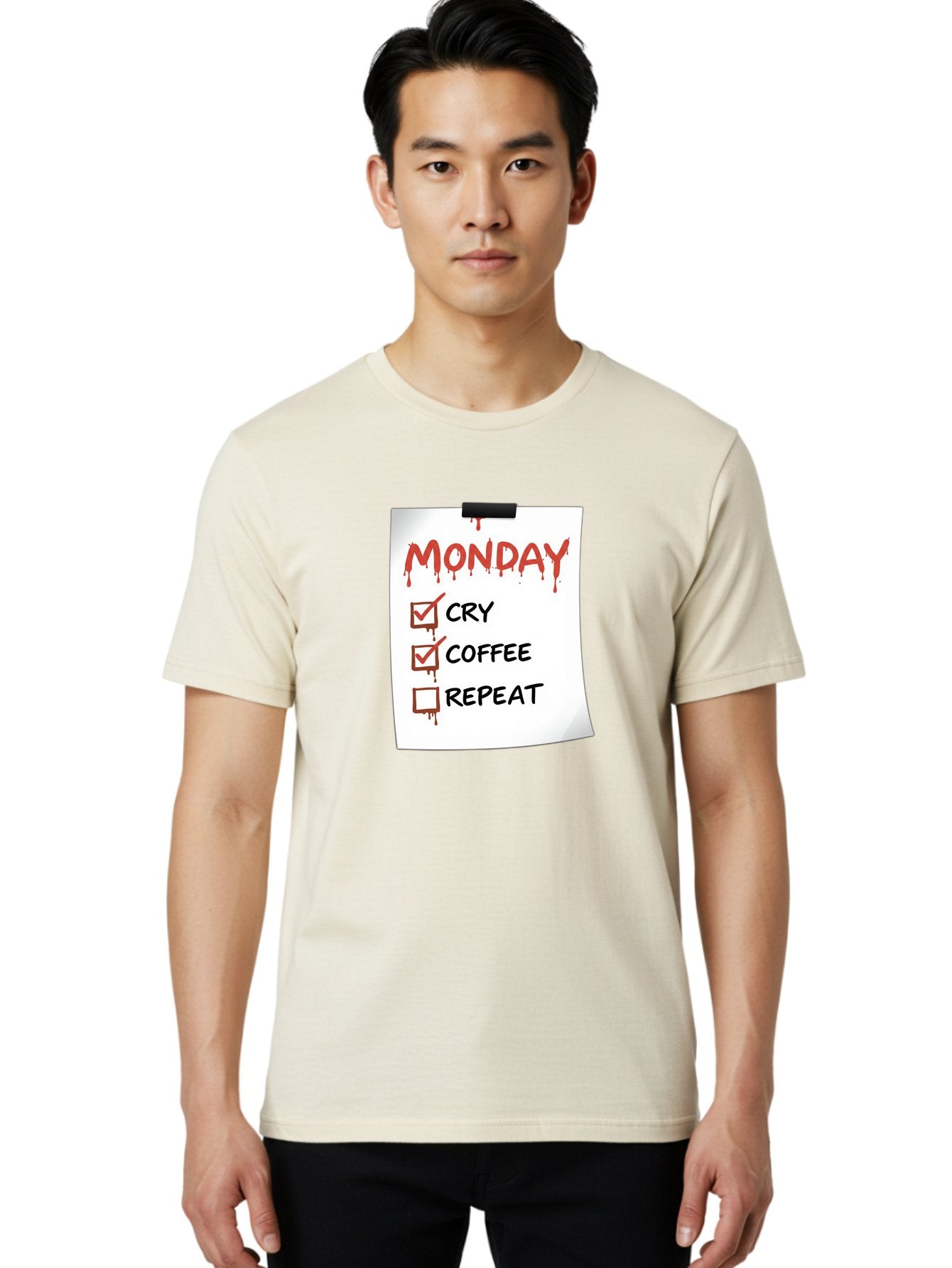 Monday-To-Do-List-2 Men'S Graphic Tee, 100% Cotton, Comfortable Casual Summer Wear, Machine Washable, Humorous To-Do List, Monday Blues, Cry, Coffee, Repeat, Funny Office Humor, Workplace Comedy, Blood Dripping Text, Checklist, Relatable Meme Bae540 24