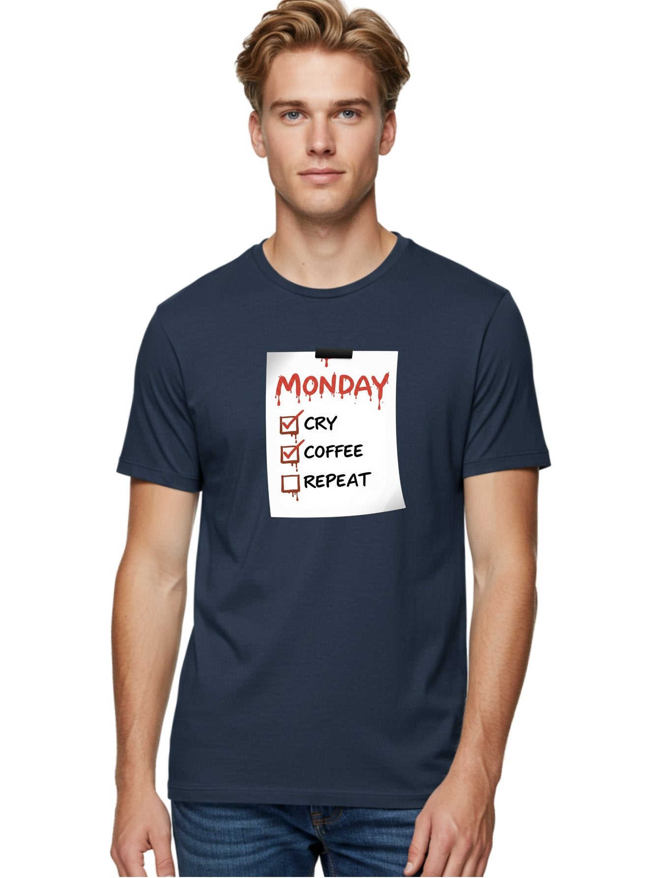 Monday-To-Do-List-2 Men'S Graphic Tee, 100% Cotton, Comfortable Casual Summer Wear, Machine Washable, Humorous To-Do List, Monday Blues, Cry, Coffee, Repeat, Funny Office Humor, Workplace Comedy, Blood Dripping Text, Checklist, Relatable Meme Bae540 23