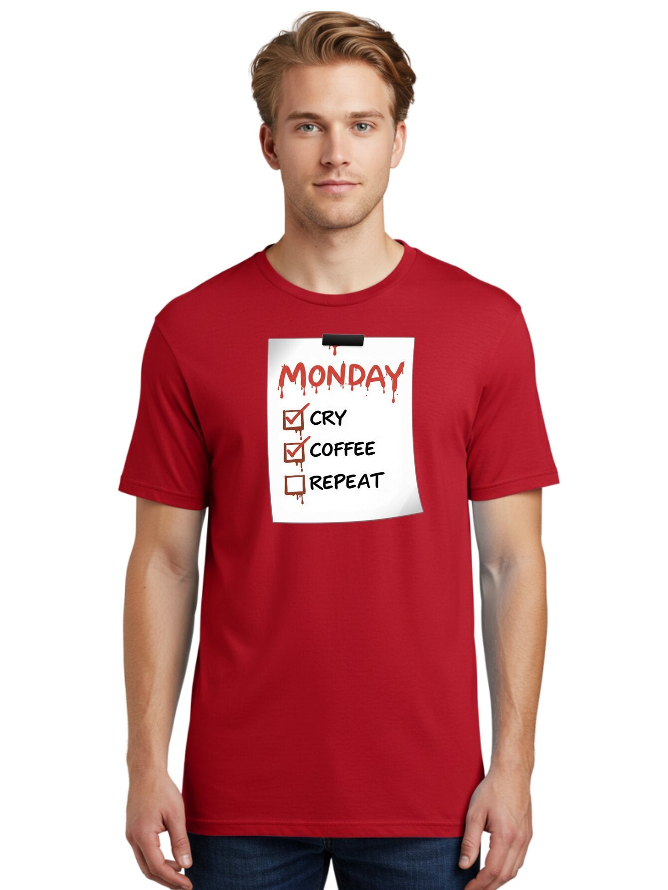 Monday-To-Do-List-2 Men'S Graphic Tee, 100% Cotton, Comfortable Casual Summer Wear, Machine Washable, Humorous To-Do List, Monday Blues, Cry, Coffee, Repeat, Funny Office Humor, Workplace Comedy, Blood Dripping Text, Checklist, Relatable Meme Bae540 21
