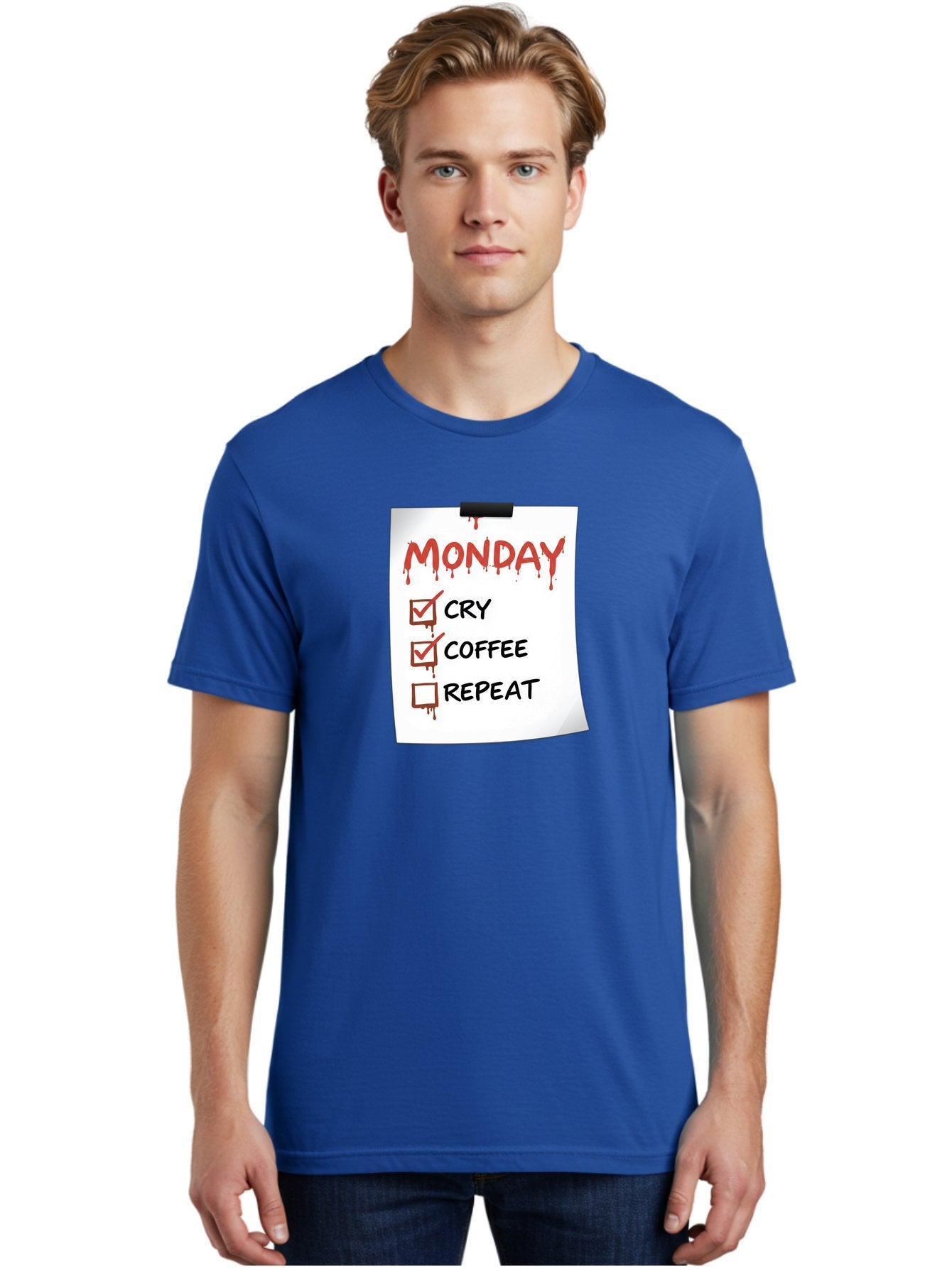 Monday-To-Do-List-2 Men'S Graphic Tee, 100% Cotton, Comfortable Casual Summer Wear, Machine Washable, Humorous To-Do List, Monday Blues, Cry, Coffee, Repeat, Funny Office Humor, Workplace Comedy, Blood Dripping Text, Checklist, Relatable Meme Bae540 19