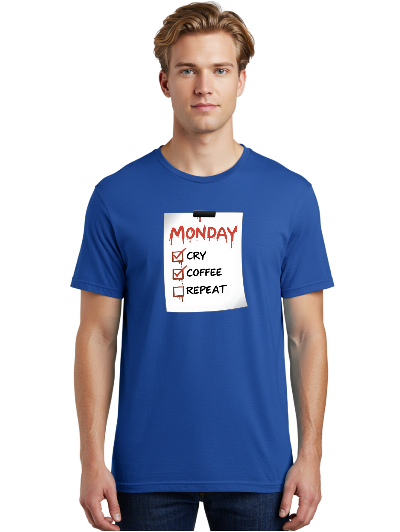 Monday-To-Do-List-2 Men'S Graphic Tee, 100% Cotton, Comfortable Casual Summer Wear, Machine Washable, Humorous To-Do List, Monday Blues, Cry, Coffee, Repeat, Funny Office Humor, Workplace Comedy, Blood Dripping Text, Checklist, Relatable Meme Bae540 26