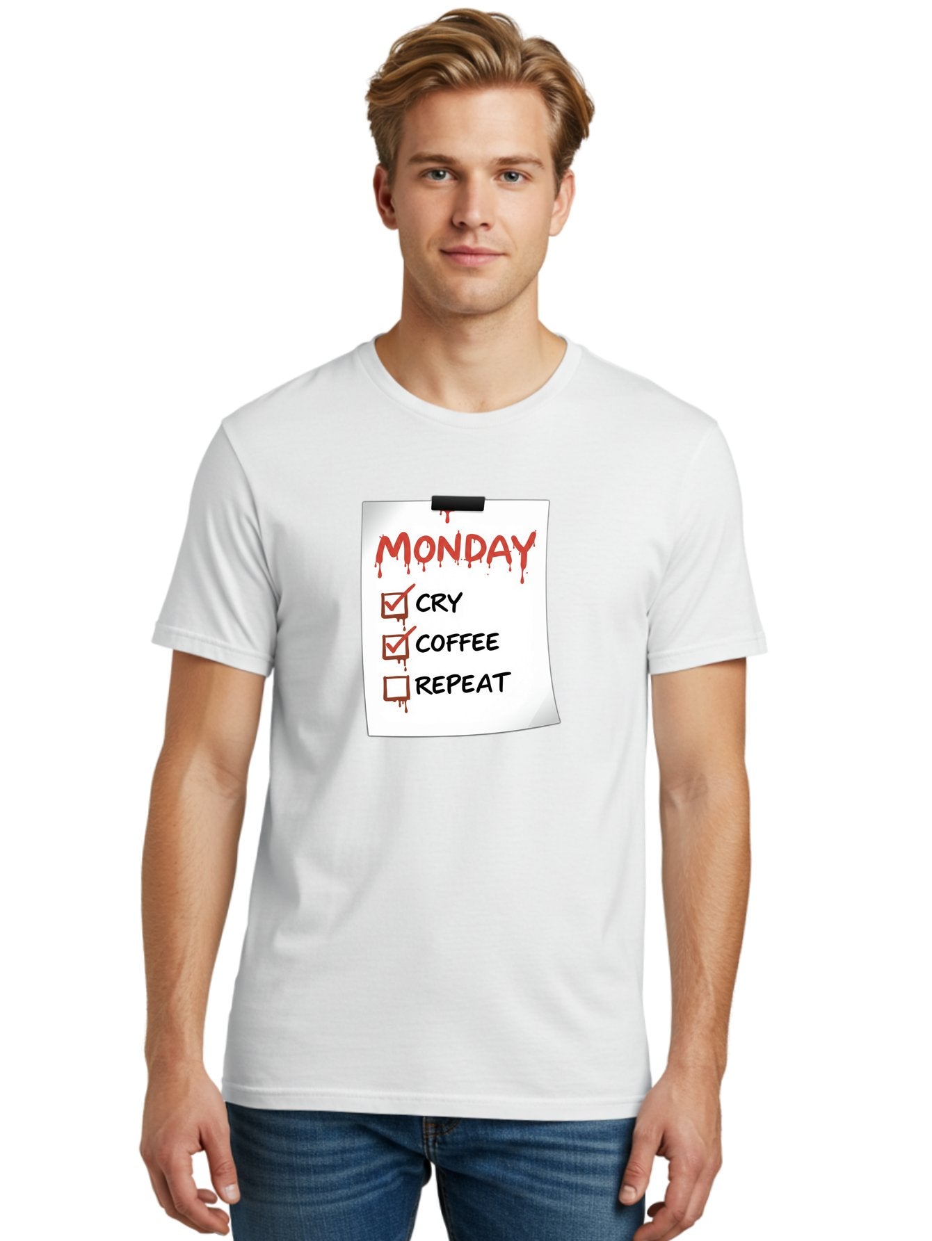 Monday-To-Do-List-2 Men'S Graphic Tee, 100% Cotton, Comfortable Casual Summer Wear, Machine Washable, Humorous To-Do List, Monday Blues, Cry, Coffee, Repeat, Funny Office Humor, Workplace Comedy, Blood Dripping Text, Checklist, Relatable Meme Bae540 28