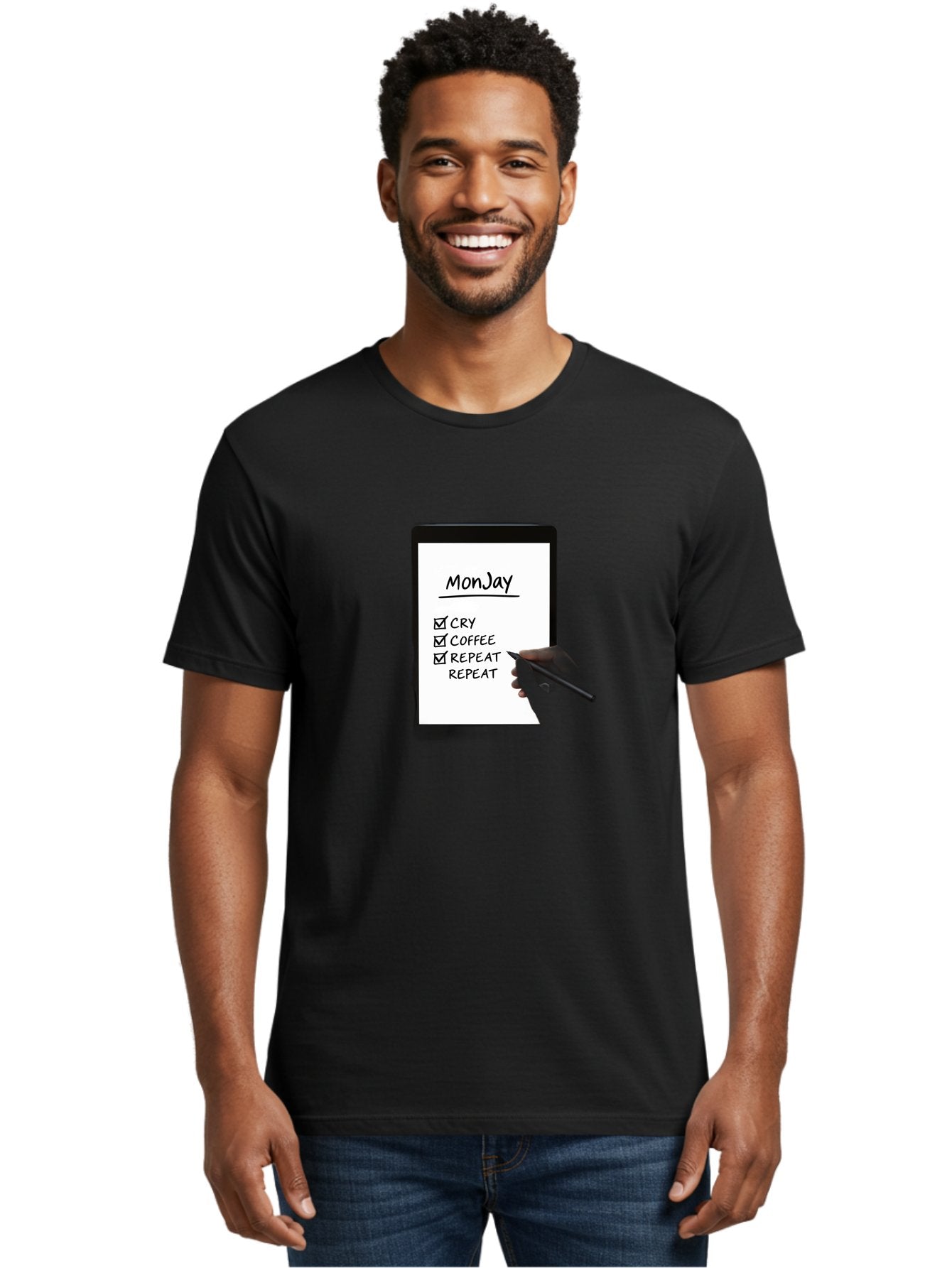 Monday-To-Do-List Men'S Graphic Tee, 100% Cotton, Comfortable Casual Summer Wear, Machine Washable, Monday To-Do List, Humorously Writing Task, Cry, Coffee, Repeat, Morning Routine Tasks, Checklist, Productivity, Task Management, Funny, Bae541 20