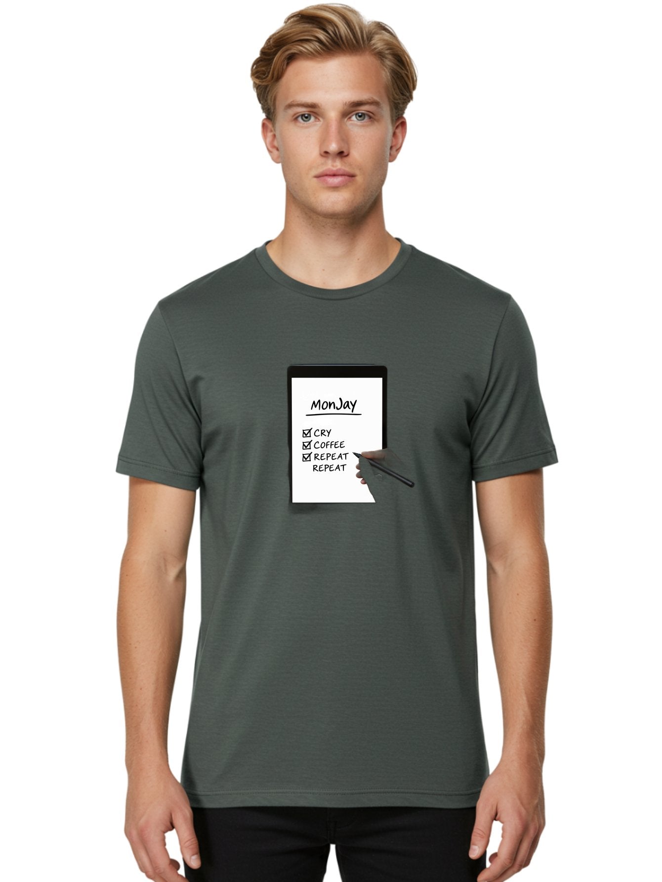 Monday-To-Do-List Men'S Graphic Tee, 100% Cotton, Comfortable Casual Summer Wear, Machine Washable, Monday To-Do List, Humorously Writing Task, Cry, Coffee, Repeat, Morning Routine Tasks, Checklist, Productivity, Task Management, Funny, Bae541 25