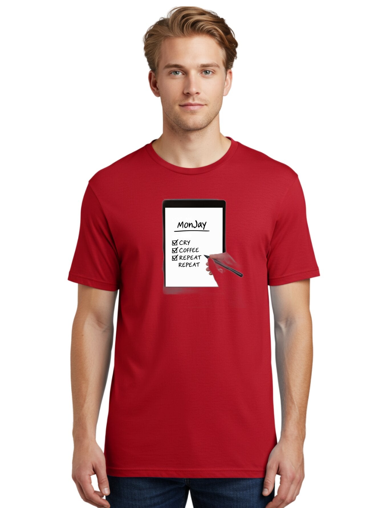 Monday-To-Do-List Men'S Graphic Tee, 100% Cotton, Comfortable Casual Summer Wear, Machine Washable, Monday To-Do List, Humorously Writing Task, Cry, Coffee, Repeat, Morning Routine Tasks, Checklist, Productivity, Task Management, Funny, Bae541 18