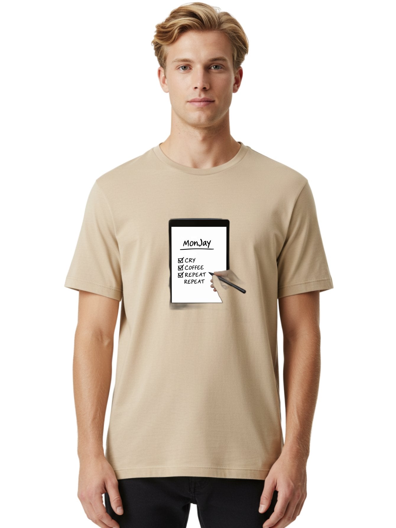 Monday-To-Do-List Men'S Graphic Tee, 100% Cotton, Comfortable Casual Summer Wear, Machine Washable, Monday To-Do List, Humorously Writing Task, Cry, Coffee, Repeat, Morning Routine Tasks, Checklist, Productivity, Task Management, Funny, Bae541 27