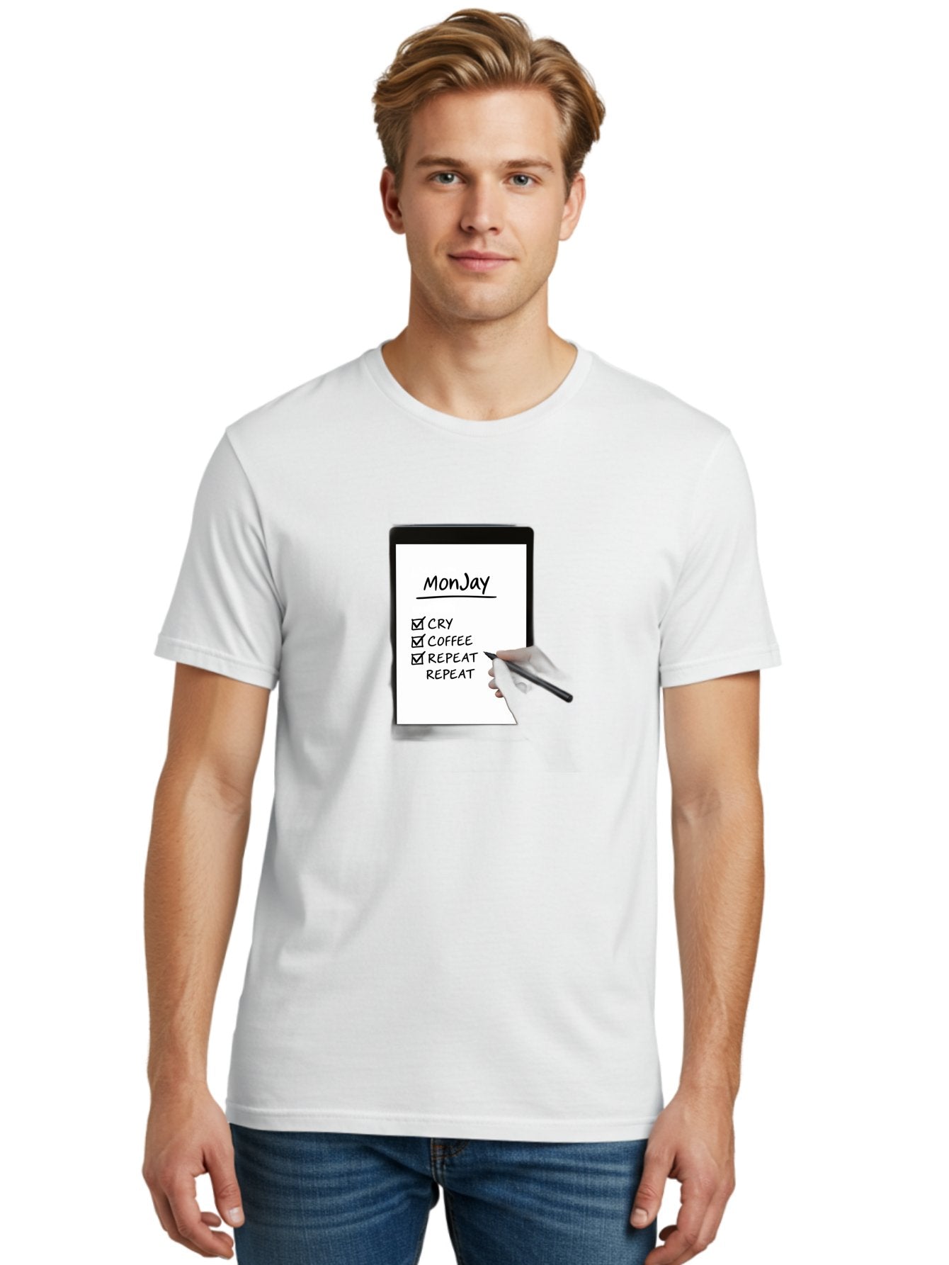Monday-To-Do-List Men'S Graphic Tee, 100% Cotton, Comfortable Casual Summer Wear, Machine Washable, Monday To-Do List, Humorously Writing Task, Cry, Coffee, Repeat, Morning Routine Tasks, Checklist, Productivity, Task Management, Funny, Bae541 23