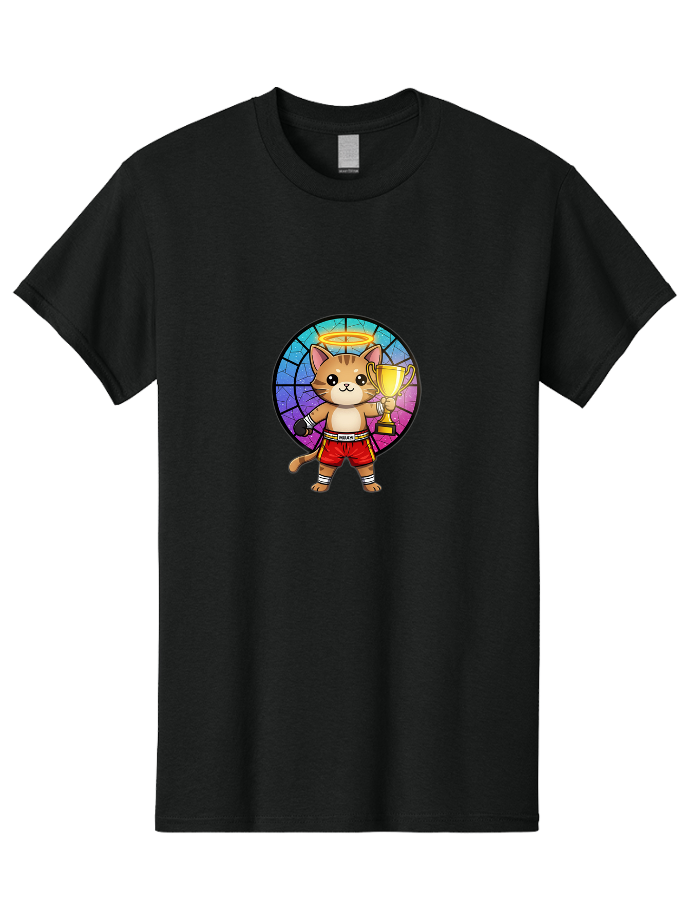 Muay-Cat-1 Men'S Graphic Tee, 100% Cotton, Comfortable Casual Summer Wear, Machine Washable, Cartoon Cat, Muay Thai Fighter, Gold Trophy, Boxing Gloves, Red Shorts, Champion, Victorious, Stained Glass, Halo, Whimsical Design, Funny Kitty, Bae544 10