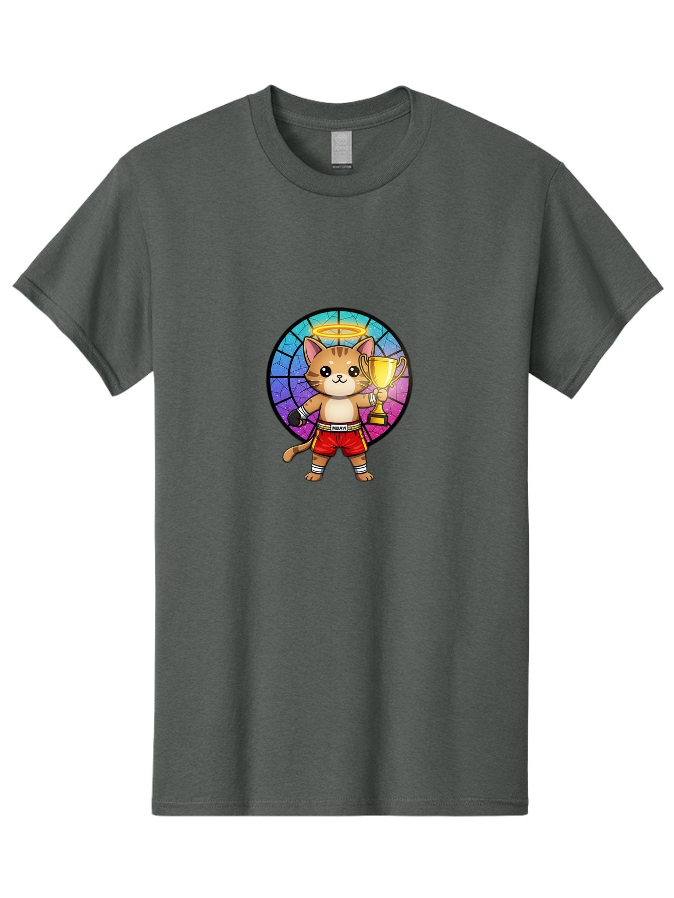 Muay-Cat-1 Men'S Graphic Tee, 100% Cotton, Comfortable Casual Summer Wear, Machine Washable, Cartoon Cat, Muay Thai Fighter, Gold Trophy, Boxing Gloves, Red Shorts, Champion, Victorious, Stained Glass, Halo, Whimsical Design, Funny Kitty, Bae544 6