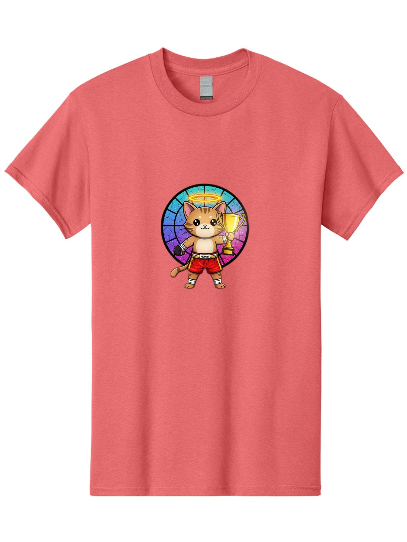 Muay-Cat-1 Men'S Graphic Tee, 100% Cotton, Comfortable Casual Summer Wear, Machine Washable, Cartoon Cat, Muay Thai Fighter, Gold Trophy, Boxing Gloves, Red Shorts, Champion, Victorious, Stained Glass, Halo, Whimsical Design, Funny Kitty, Bae544 9