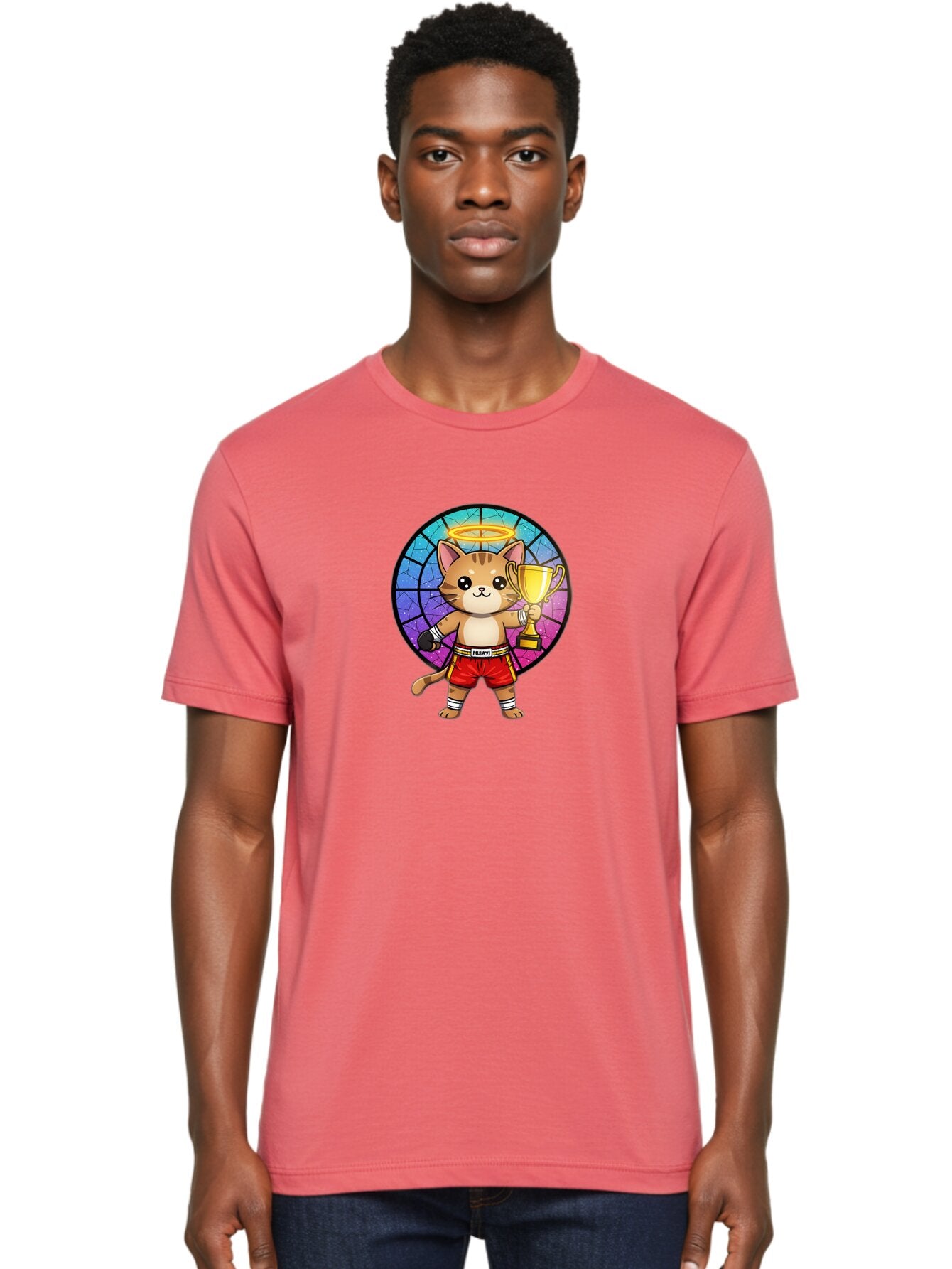 Muay-Cat-1 Men'S Graphic Tee, 100% Cotton, Comfortable Casual Summer Wear, Machine Washable, Cartoon Cat, Muay Thai Fighter, Gold Trophy, Boxing Gloves, Red Shorts, Champion, Victorious, Stained Glass, Halo, Whimsical Design, Funny Kitty, Bae544 26