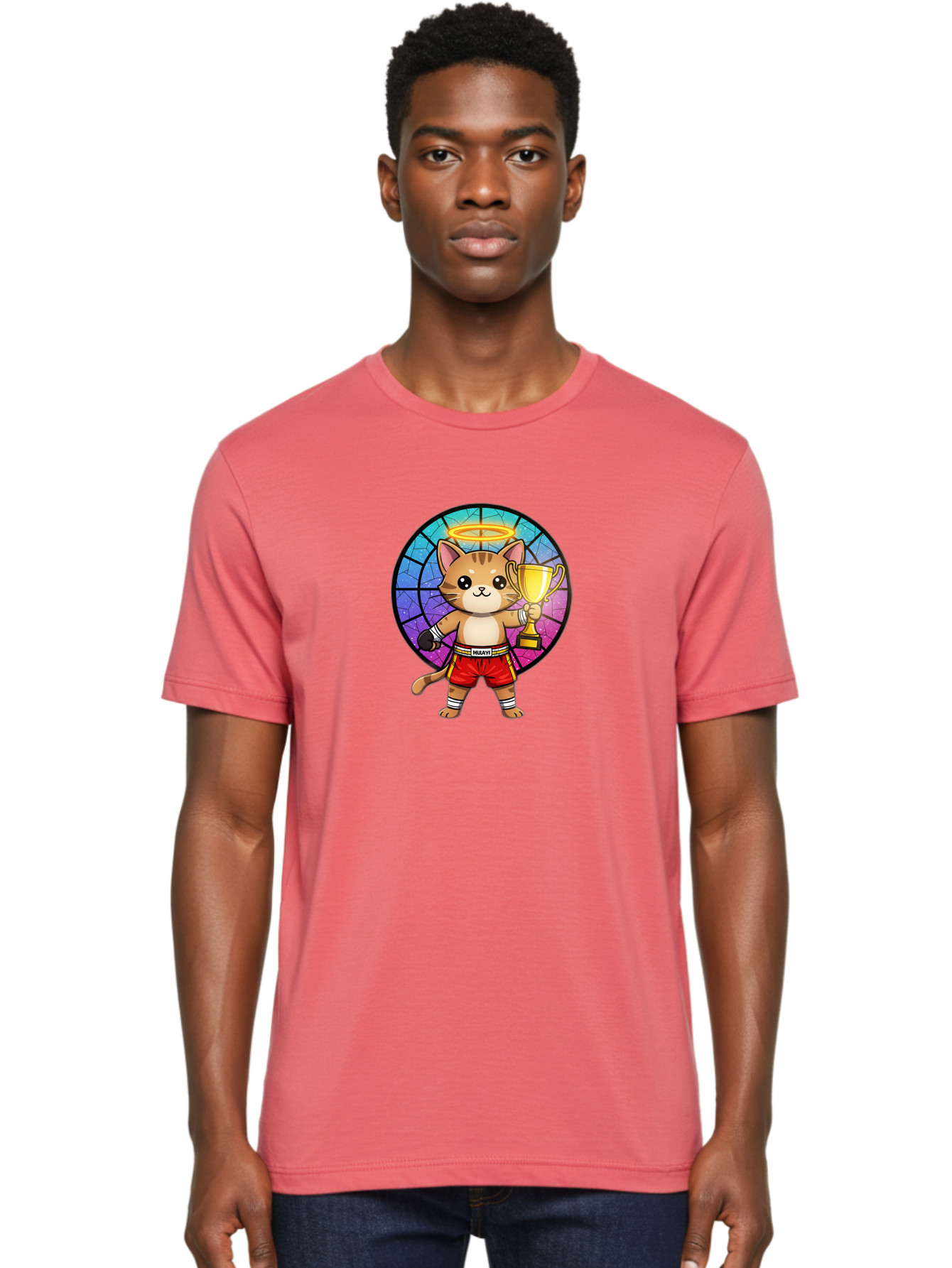 Muay-Cat-1 Men'S Graphic Tee, 100% Cotton, Comfortable Casual Summer Wear, Machine Washable, Cartoon Cat, Muay Thai Fighter, Gold Trophy, Boxing Gloves, Red Shorts, Champion, Victorious, Stained Glass, Halo, Whimsical Design, Funny Kitty, Bae544 20