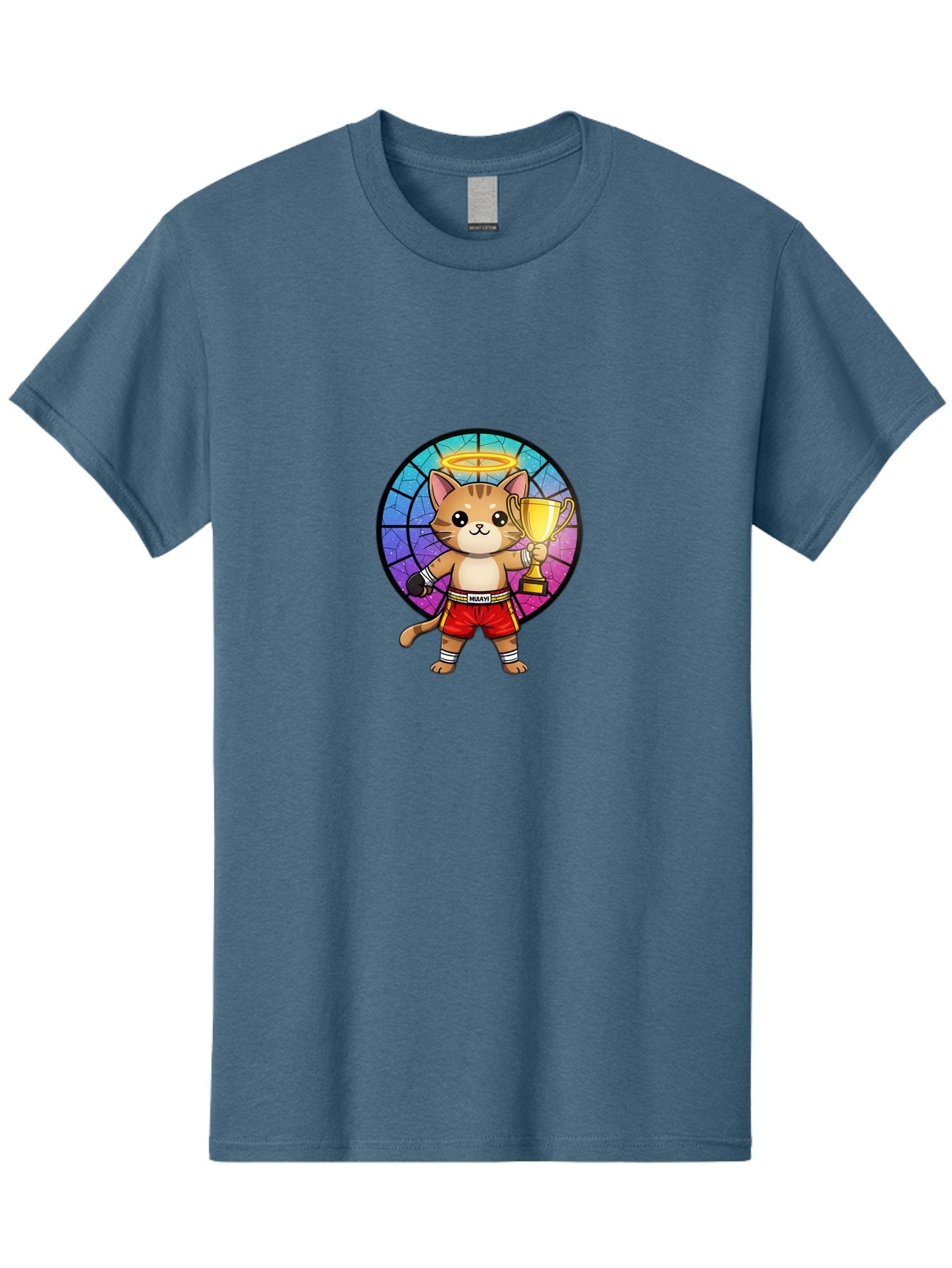 Muay-Cat-1 Men'S Graphic Tee, 100% Cotton, Comfortable Casual Summer Wear, Machine Washable, Cartoon Cat, Muay Thai Fighter, Gold Trophy, Boxing Gloves, Red Shorts, Champion, Victorious, Stained Glass, Halo, Whimsical Design, Funny Kitty, Bae544 7