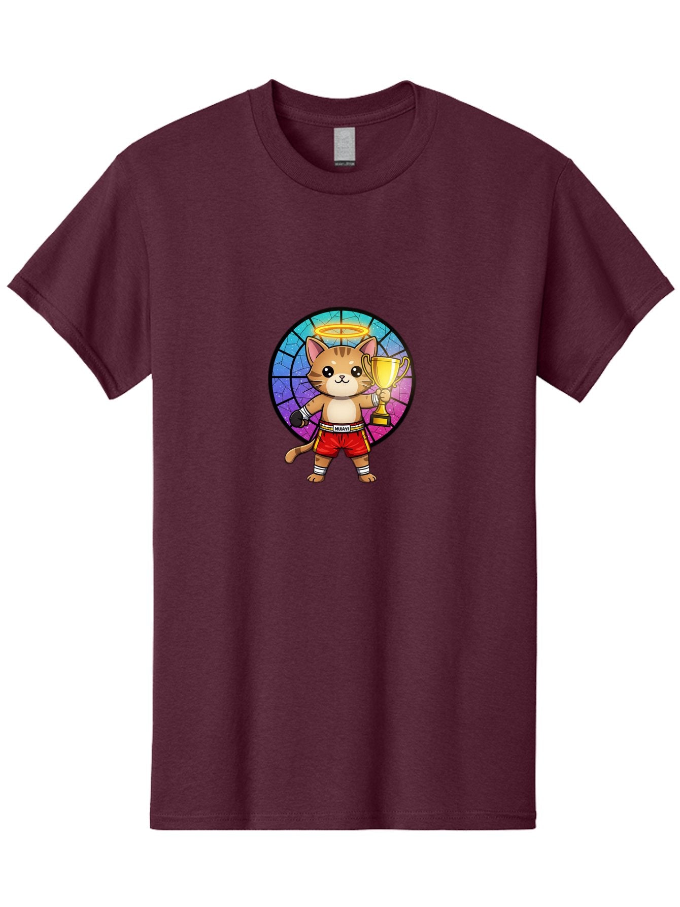 Muay-Cat-1 Men'S Graphic Tee, 100% Cotton, Comfortable Casual Summer Wear, Machine Washable, Cartoon Cat, Muay Thai Fighter, Gold Trophy, Boxing Gloves, Red Shorts, Champion, Victorious, Stained Glass, Halo, Whimsical Design, Funny Kitty, Bae544 14