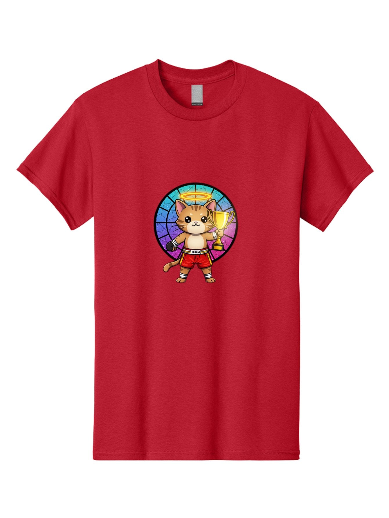 Muay-Cat-1 Men'S Graphic Tee, 100% Cotton, Comfortable Casual Summer Wear, Machine Washable, Cartoon Cat, Muay Thai Fighter, Gold Trophy, Boxing Gloves, Red Shorts, Champion, Victorious, Stained Glass, Halo, Whimsical Design, Funny Kitty, Bae544