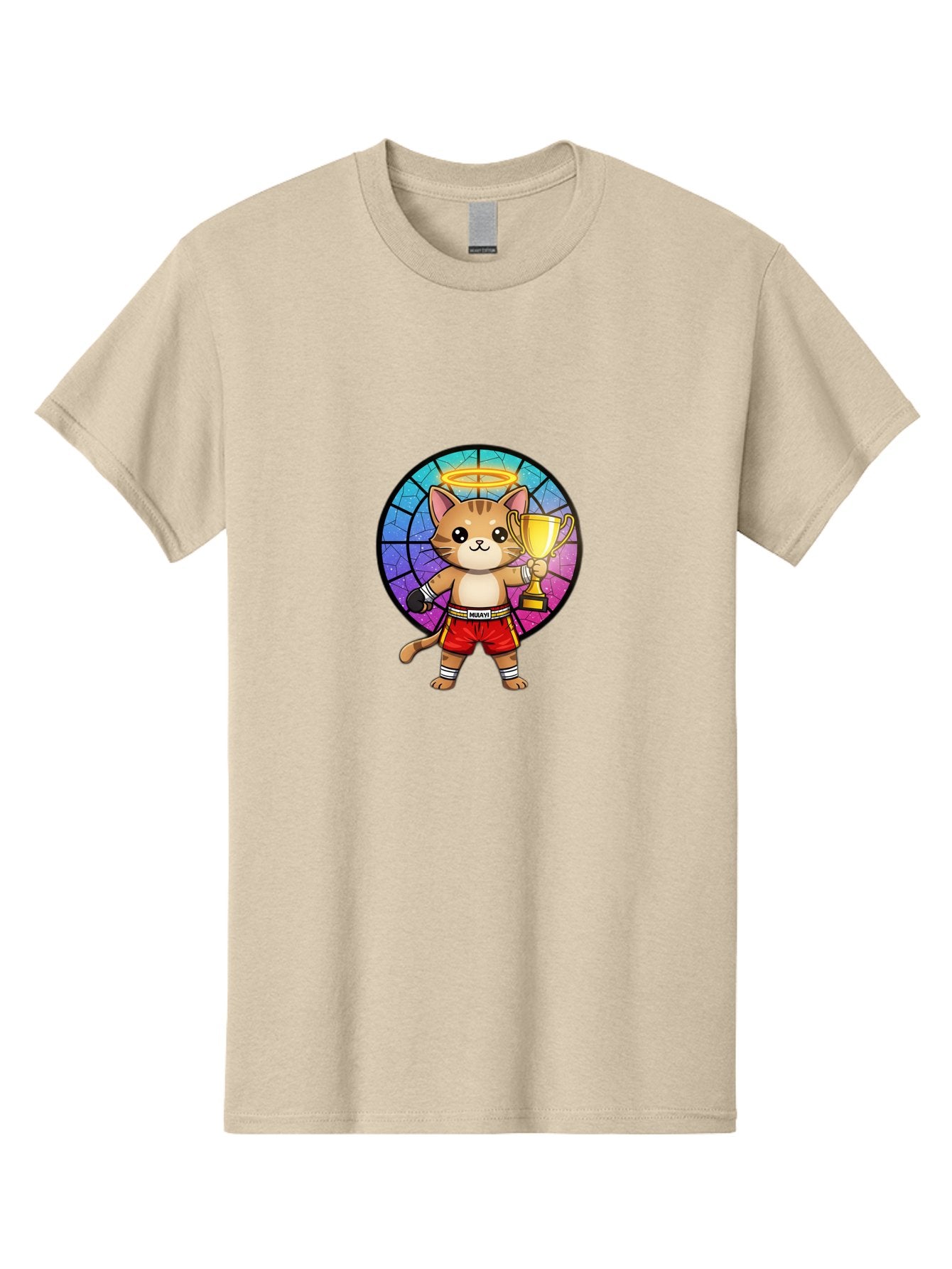 Muay-Cat-1 Men'S Graphic Tee, 100% Cotton, Comfortable Casual Summer Wear, Machine Washable, Cartoon Cat, Muay Thai Fighter, Gold Trophy, Boxing Gloves, Red Shorts, Champion, Victorious, Stained Glass, Halo, Whimsical Design, Funny Kitty, Bae544 5