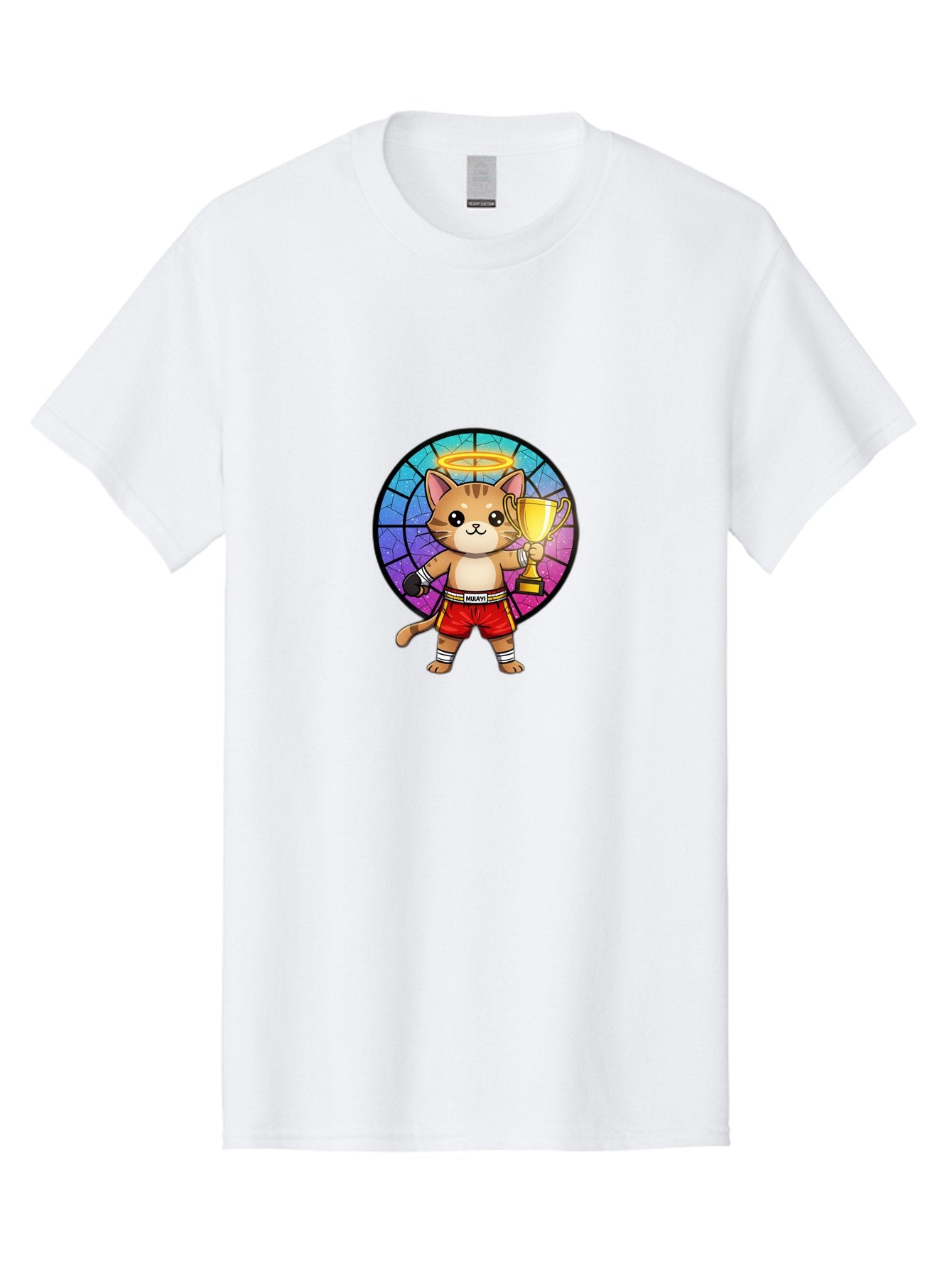 Muay-Cat-1 Men'S Graphic Tee, 100% Cotton, Comfortable Casual Summer Wear, Machine Washable, Cartoon Cat, Muay Thai Fighter, Gold Trophy, Boxing Gloves, Red Shorts, Champion, Victorious, Stained Glass, Halo, Whimsical Design, Funny Kitty, Bae544 12