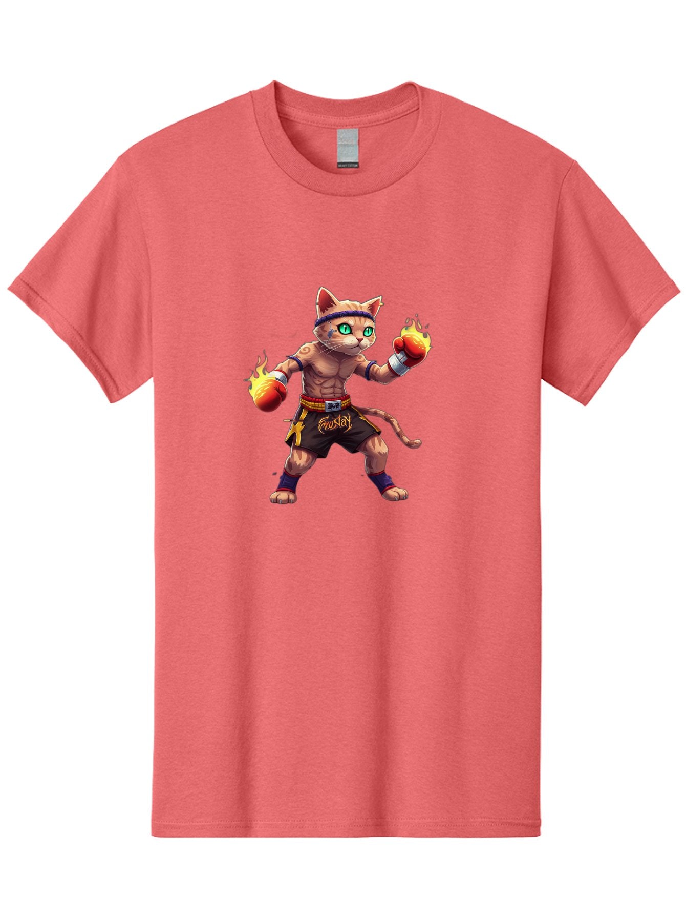 Muay-Cat-2 Men'S Graphic Tee, 100% Cotton, Comfortable Casual Summer Wear, Machine Washable, Boxing Cat, Martial Arts, Muay Thai, Fighting Cat, Cartoon Character, Muscular Cat, Green Eyes, Boxing Gloves With Flames, Sports Illustration, Bae545 13