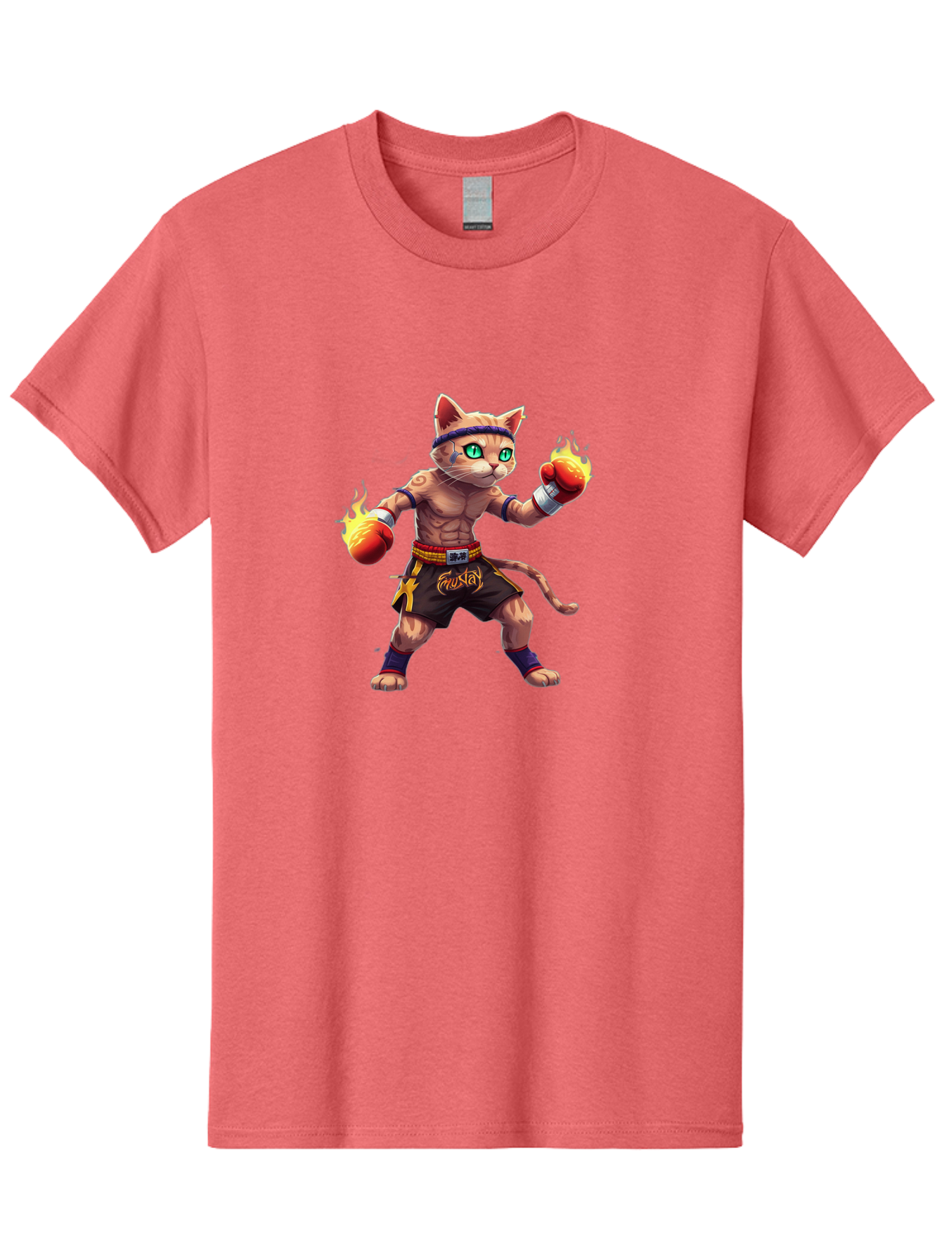 Muay-Cat-2 Men'S Graphic Tee, 100% Cotton, Comfortable Casual Summer Wear, Machine Washable, Boxing Cat, Martial Arts, Muay Thai, Fighting Cat, Cartoon Character, Muscular Cat, Green Eyes, Boxing Gloves With Flames, Sports Illustration, Bae545 15