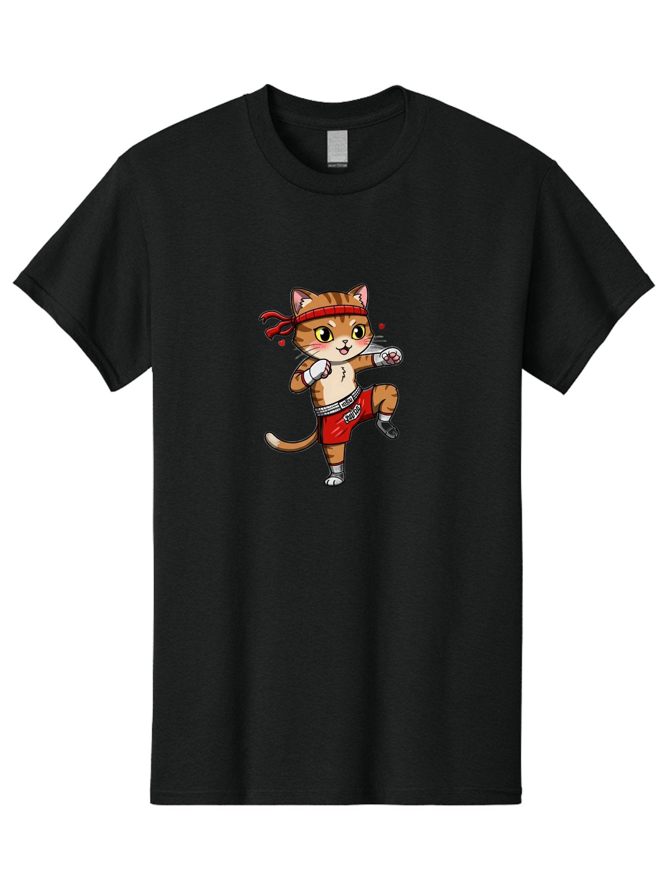 Muay-Cat Men'S Graphic Tee, 100% Cotton, Comfortable Casual Summer Wear, Machine Washable, Cartoon Cat, Muay Thai Fighter, Milo Branding, Red Shorts, White Gloves, Martial Arts, Fighting Stance, Cute Expression, Heart Eyes, Fitness, Strength Bae546 10