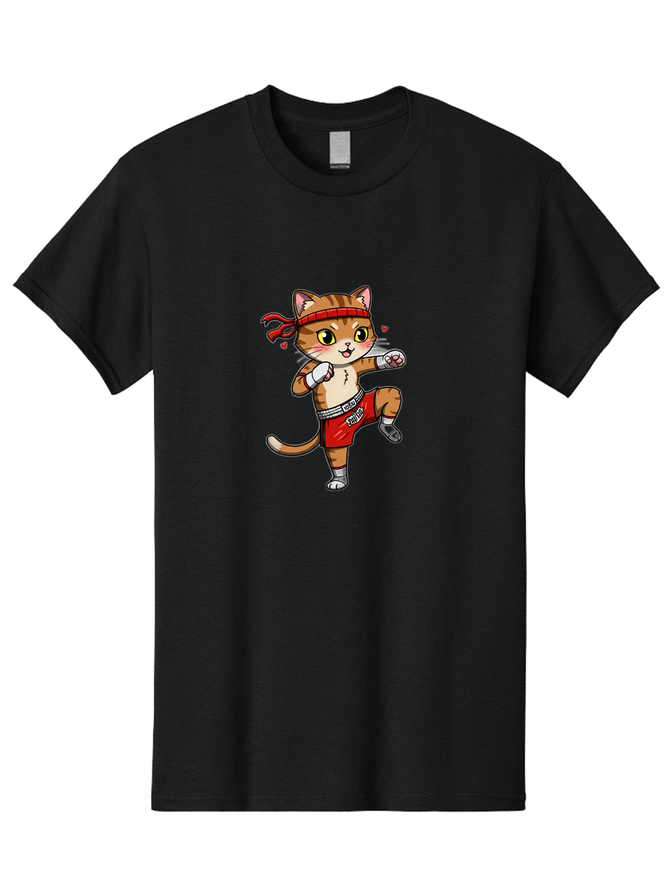 Muay-Cat Men'S Graphic Tee, 100% Cotton, Comfortable Casual Summer Wear, Machine Washable, Cartoon Cat, Muay Thai Fighter, Milo Branding, Red Shorts, White Gloves, Martial Arts, Fighting Stance, Cute Expression, Heart Eyes, Fitness, Strength Bae546 14