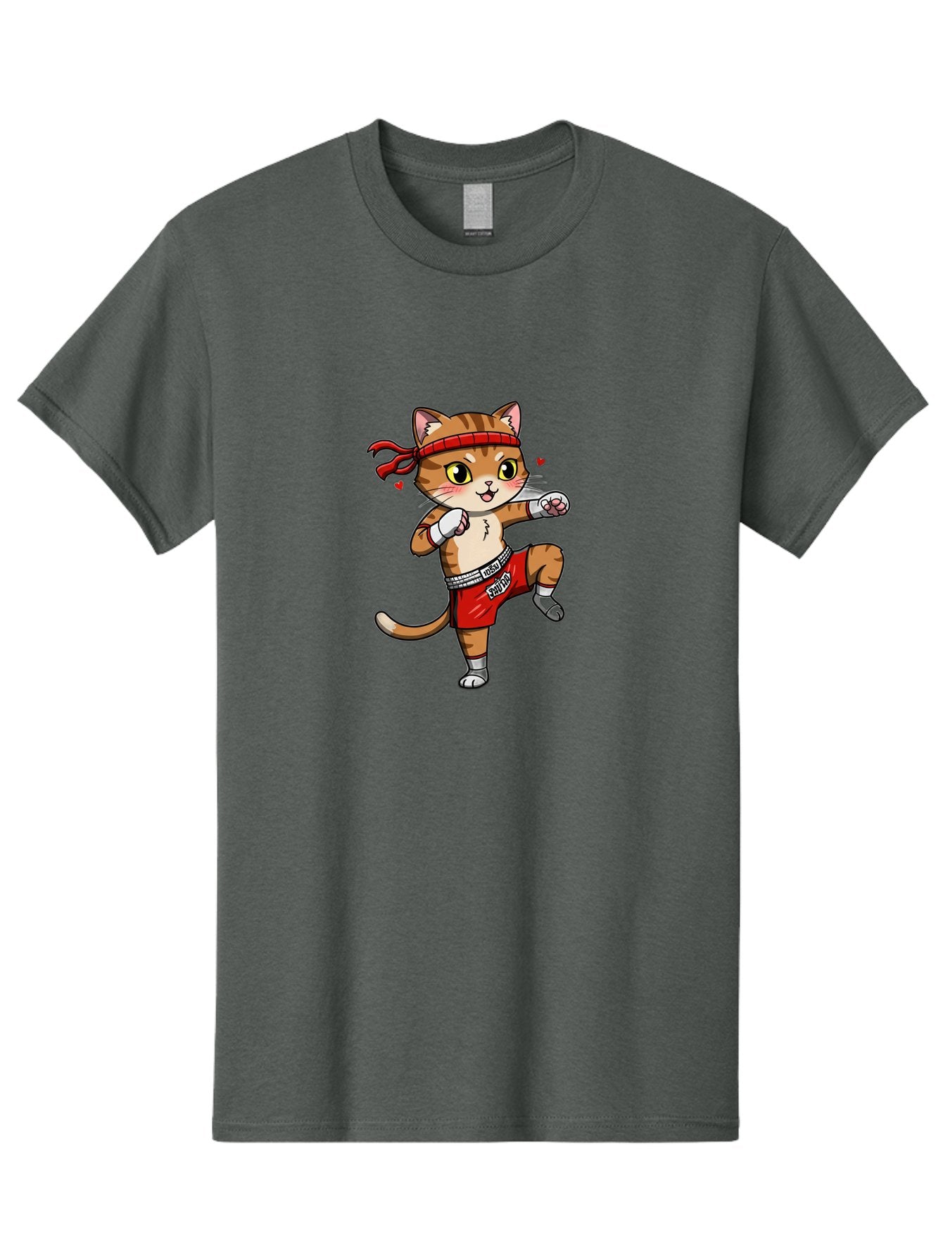 Muay-Cat Men'S Graphic Tee, 100% Cotton, Comfortable Casual Summer Wear, Machine Washable, Cartoon Cat, Muay Thai Fighter, Milo Branding, Red Shorts, White Gloves, Martial Arts, Fighting Stance, Cute Expression, Heart Eyes, Fitness, Strength Bae546 5