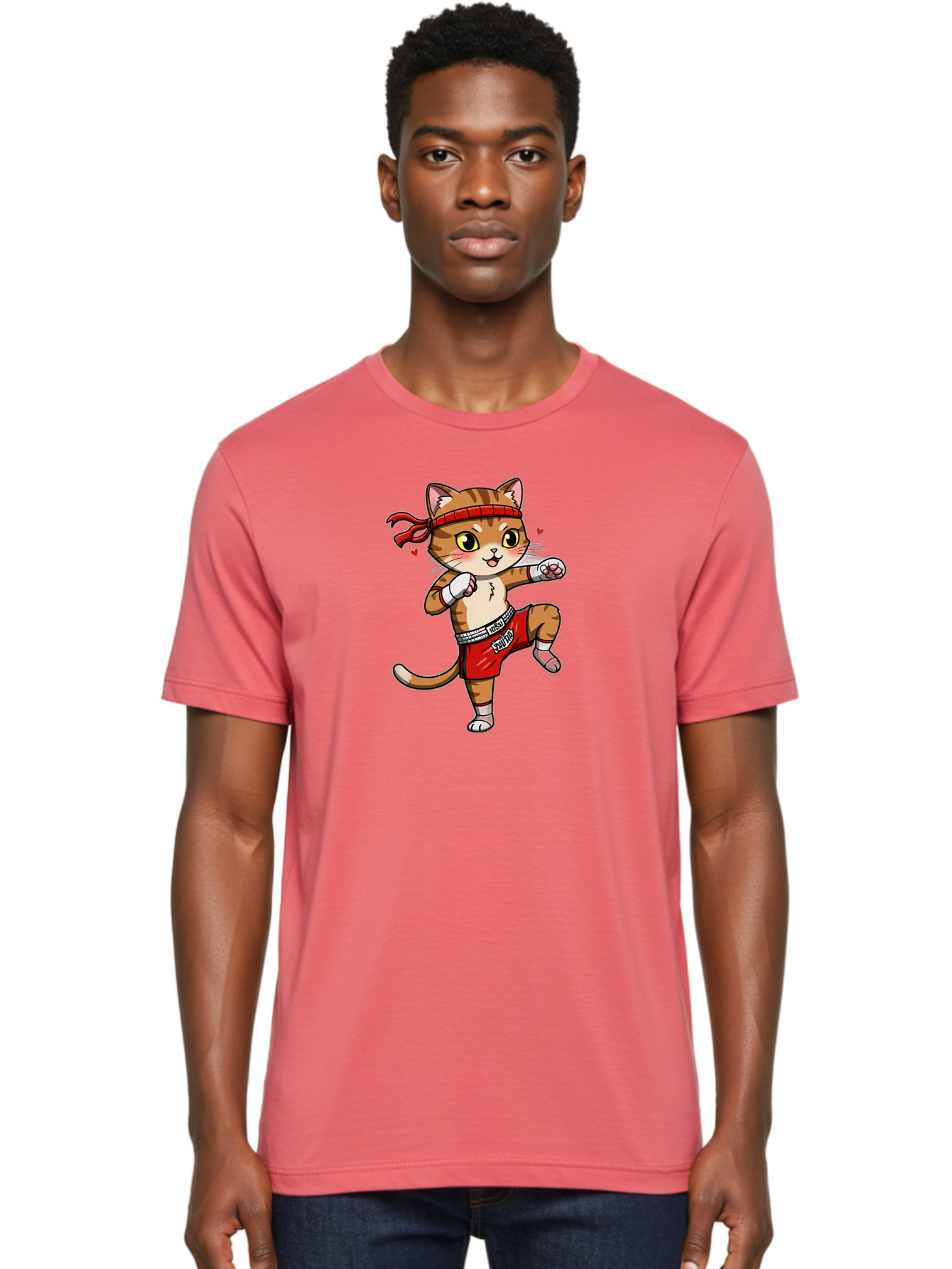 Muay-Cat Men'S Graphic Tee, 100% Cotton, Comfortable Casual Summer Wear, Machine Washable, Cartoon Cat, Muay Thai Fighter, Milo Branding, Red Shorts, White Gloves, Martial Arts, Fighting Stance, Cute Expression, Heart Eyes, Fitness, Strength Bae546 18