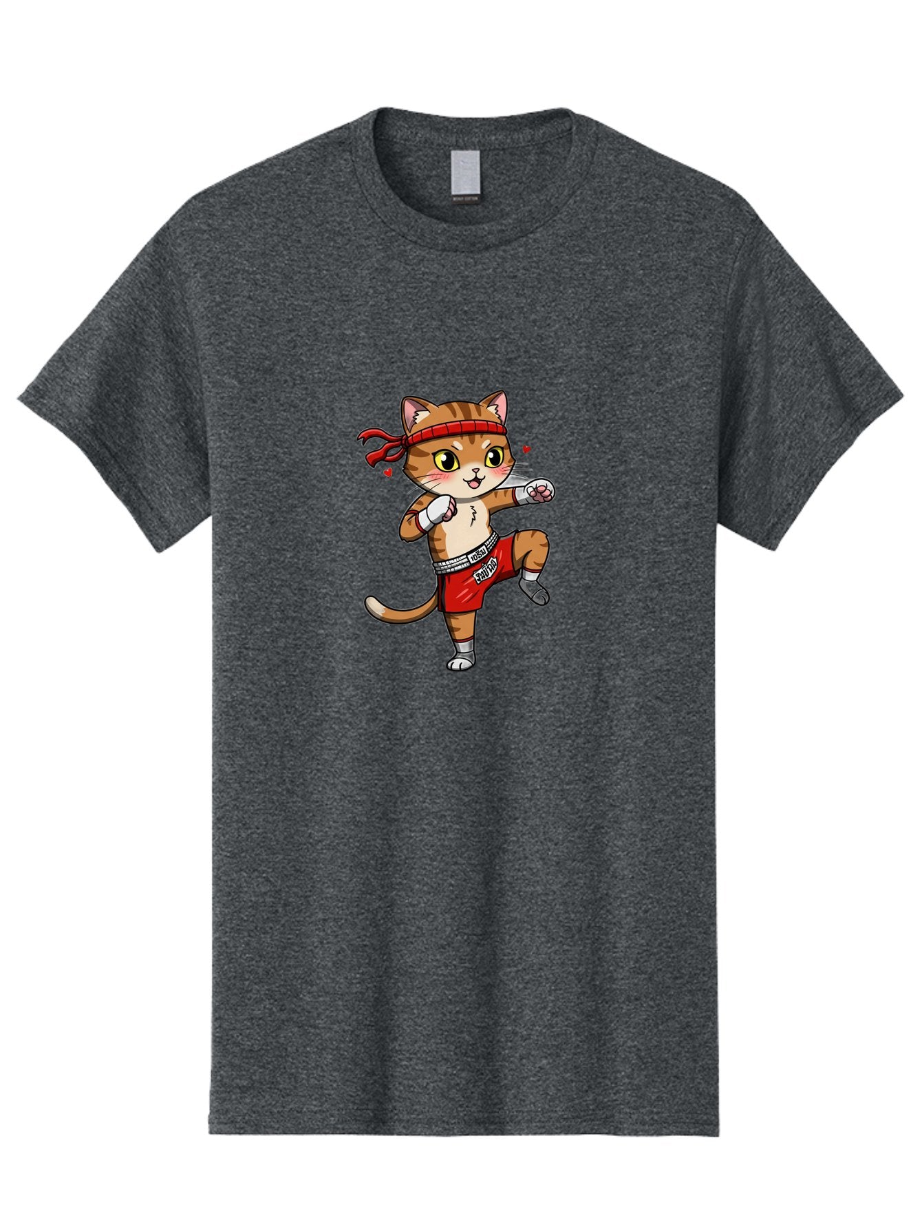 Muay-Cat Men'S Graphic Tee, 100% Cotton, Comfortable Casual Summer Wear, Machine Washable, Cartoon Cat, Muay Thai Fighter, Milo Branding, Red Shorts, White Gloves, Martial Arts, Fighting Stance, Cute Expression, Heart Eyes, Fitness, Strength Bae546 4