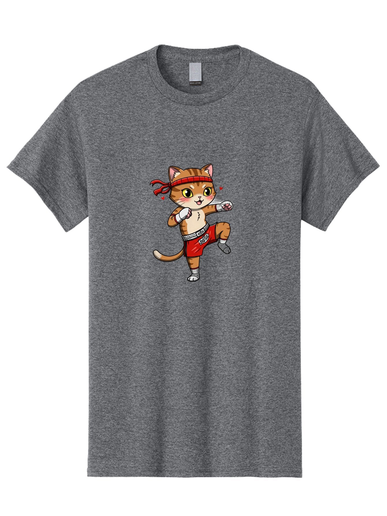 Muay-Cat Men'S Graphic Tee, 100% Cotton, Comfortable Casual Summer Wear, Machine Washable, Cartoon Cat, Muay Thai Fighter, Milo Branding, Red Shorts, White Gloves, Martial Arts, Fighting Stance, Cute Expression, Heart Eyes, Fitness, Strength Bae546 11