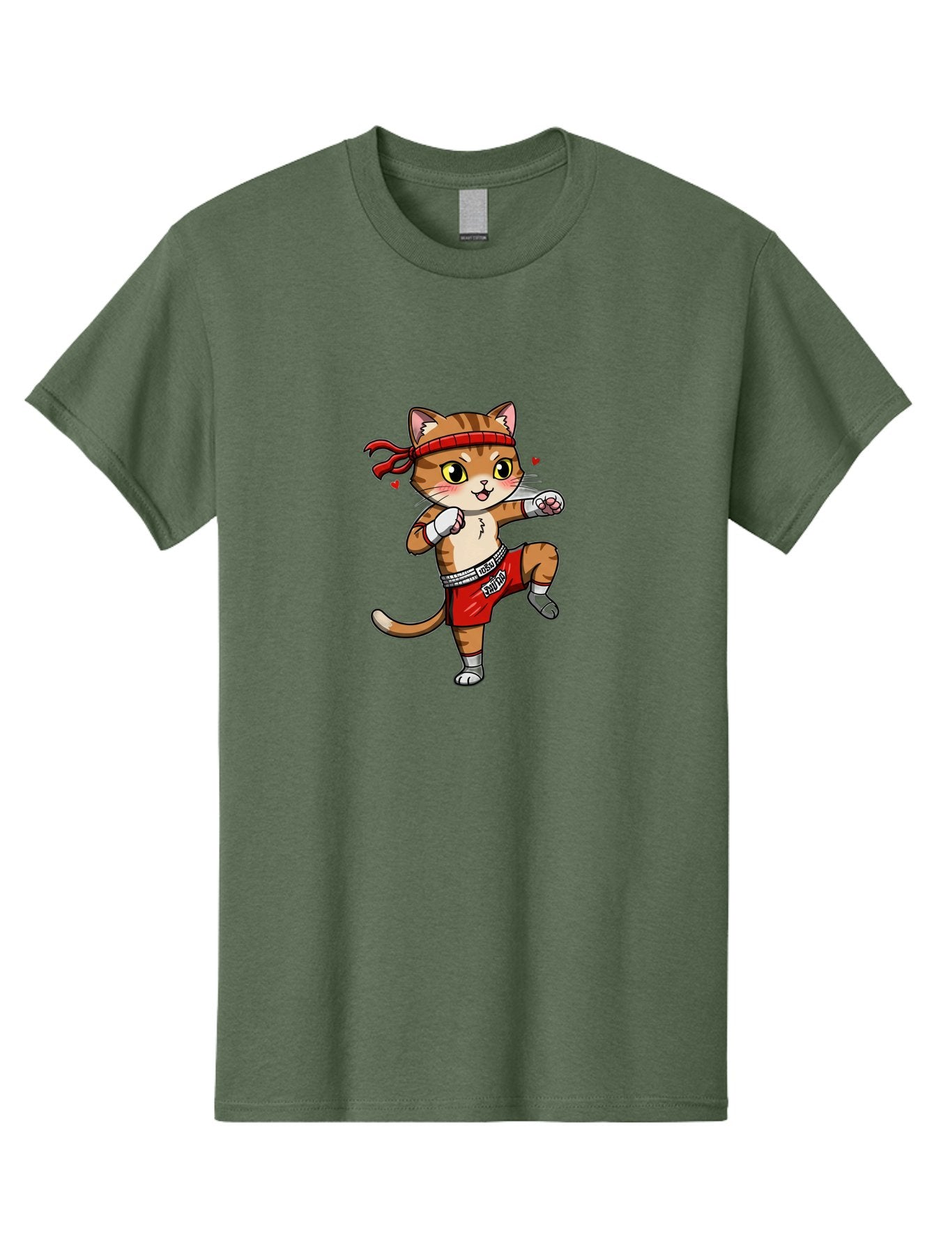 Muay-Cat Men'S Graphic Tee, 100% Cotton, Comfortable Casual Summer Wear, Machine Washable, Cartoon Cat, Muay Thai Fighter, Milo Branding, Red Shorts, White Gloves, Martial Arts, Fighting Stance, Cute Expression, Heart Eyes, Fitness, Strength Bae546