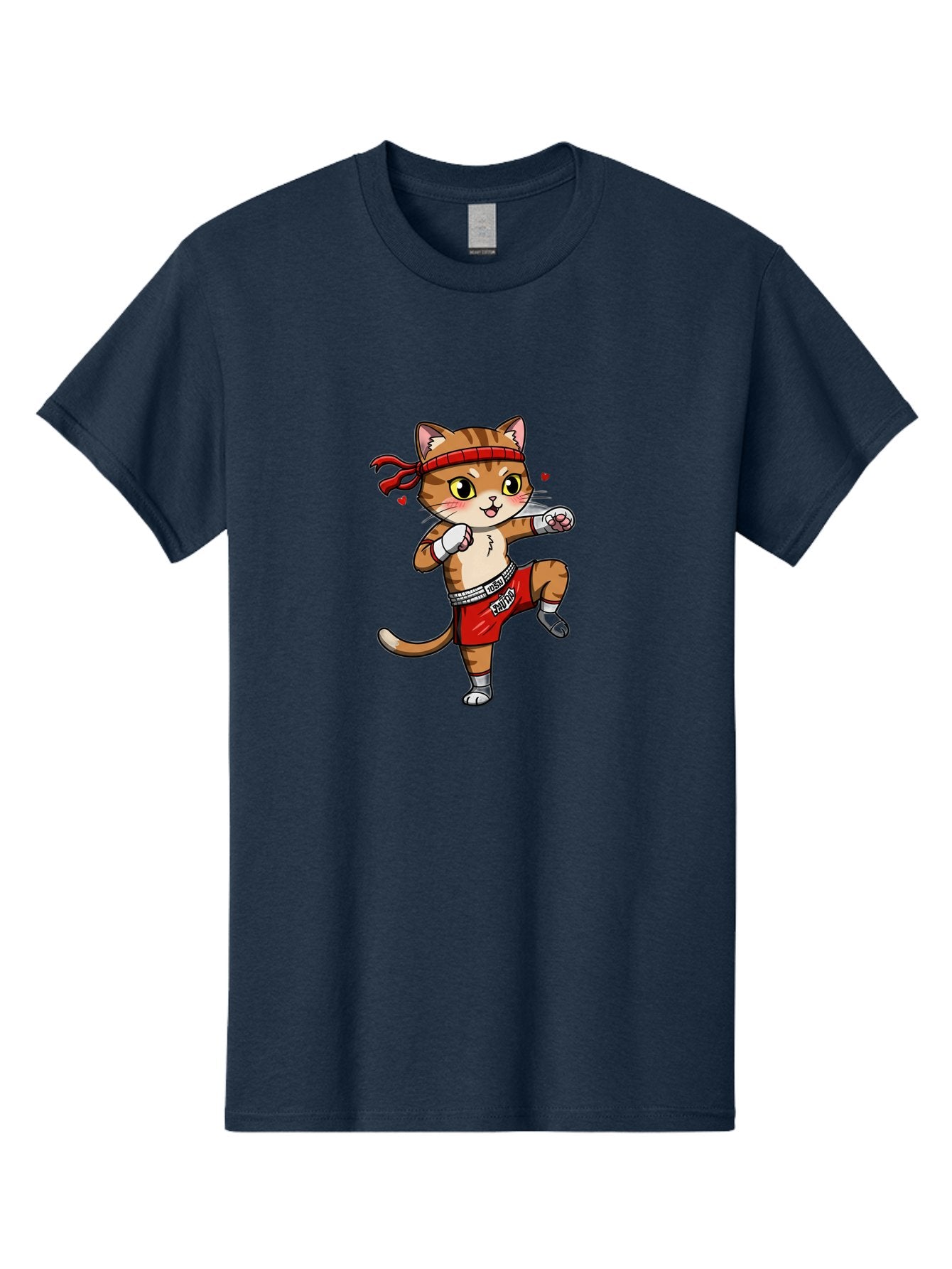 Muay-Cat Men'S Graphic Tee, 100% Cotton, Comfortable Casual Summer Wear, Machine Washable, Cartoon Cat, Muay Thai Fighter, Milo Branding, Red Shorts, White Gloves, Martial Arts, Fighting Stance, Cute Expression, Heart Eyes, Fitness, Strength Bae546 8