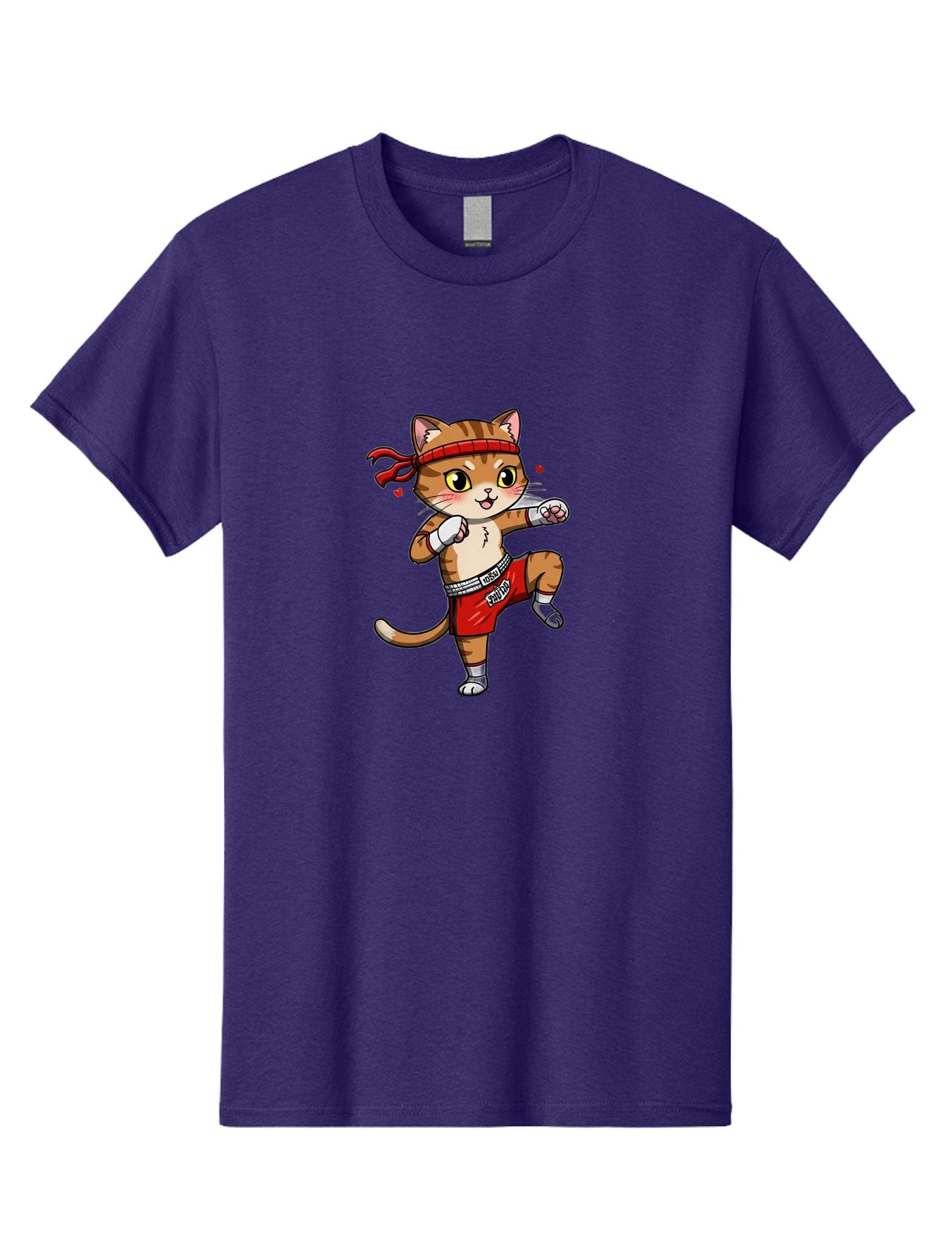 Muay-Cat Men'S Graphic Tee, 100% Cotton, Comfortable Casual Summer Wear, Machine Washable, Cartoon Cat, Muay Thai Fighter, Milo Branding, Red Shorts, White Gloves, Martial Arts, Fighting Stance, Cute Expression, Heart Eyes, Fitness, Strength Bae546 3
