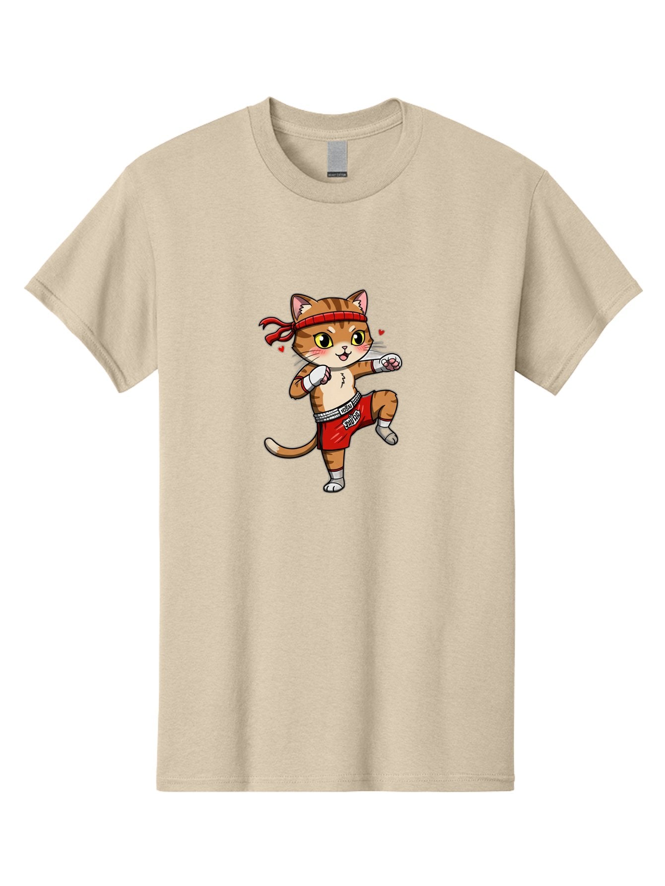 Muay-Cat Men'S Graphic Tee, 100% Cotton, Comfortable Casual Summer Wear, Machine Washable, Cartoon Cat, Muay Thai Fighter, Milo Branding, Red Shorts, White Gloves, Martial Arts, Fighting Stance, Cute Expression, Heart Eyes, Fitness, Strength Bae546 13