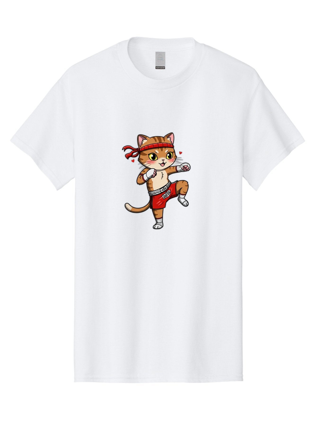 Muay-Cat Men'S Graphic Tee, 100% Cotton, Comfortable Casual Summer Wear, Machine Washable, Cartoon Cat, Muay Thai Fighter, Milo Branding, Red Shorts, White Gloves, Martial Arts, Fighting Stance, Cute Expression, Heart Eyes, Fitness, Strength Bae546 14