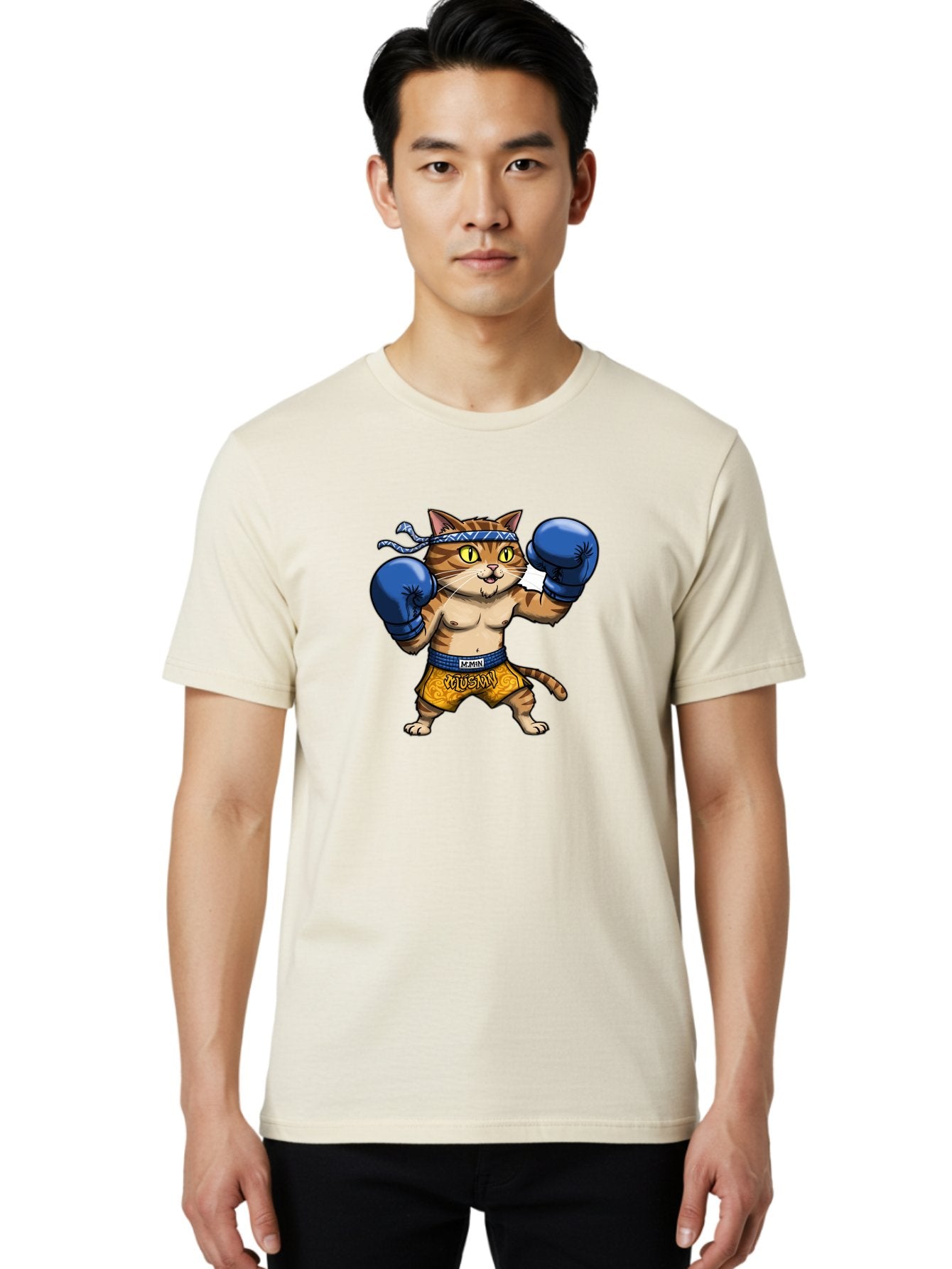 Muay-Muay-Cat Men'S Graphic Tee, 100% Cotton, Comfortable Casual Summer Wear, Machine Washable, Cartoon Cat In Boxing Gloves, Muay Thai Fighter, Muay Mun, Feline Boxer, Cat With Boxing Shorts, Funny Cat Character, Muay Thai Cat, Comic Cat, Bae547 30