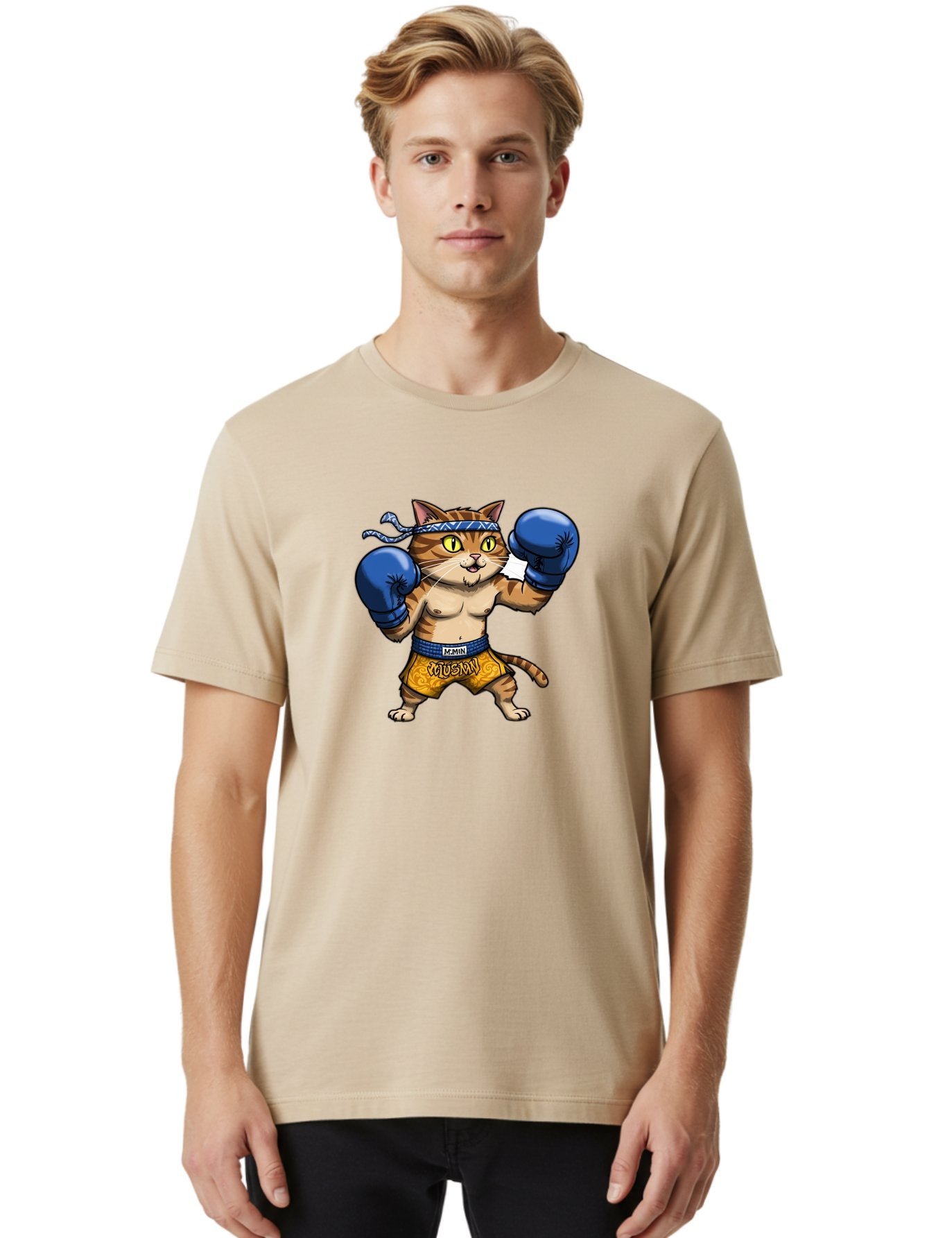 Muay-Muay-Cat Men'S Graphic Tee, 100% Cotton, Comfortable Casual Summer Wear, Machine Washable, Cartoon Cat In Boxing Gloves, Muay Thai Fighter, Muay Mun, Feline Boxer, Cat With Boxing Shorts, Funny Cat Character, Muay Thai Cat, Comic Cat, Bae547 26