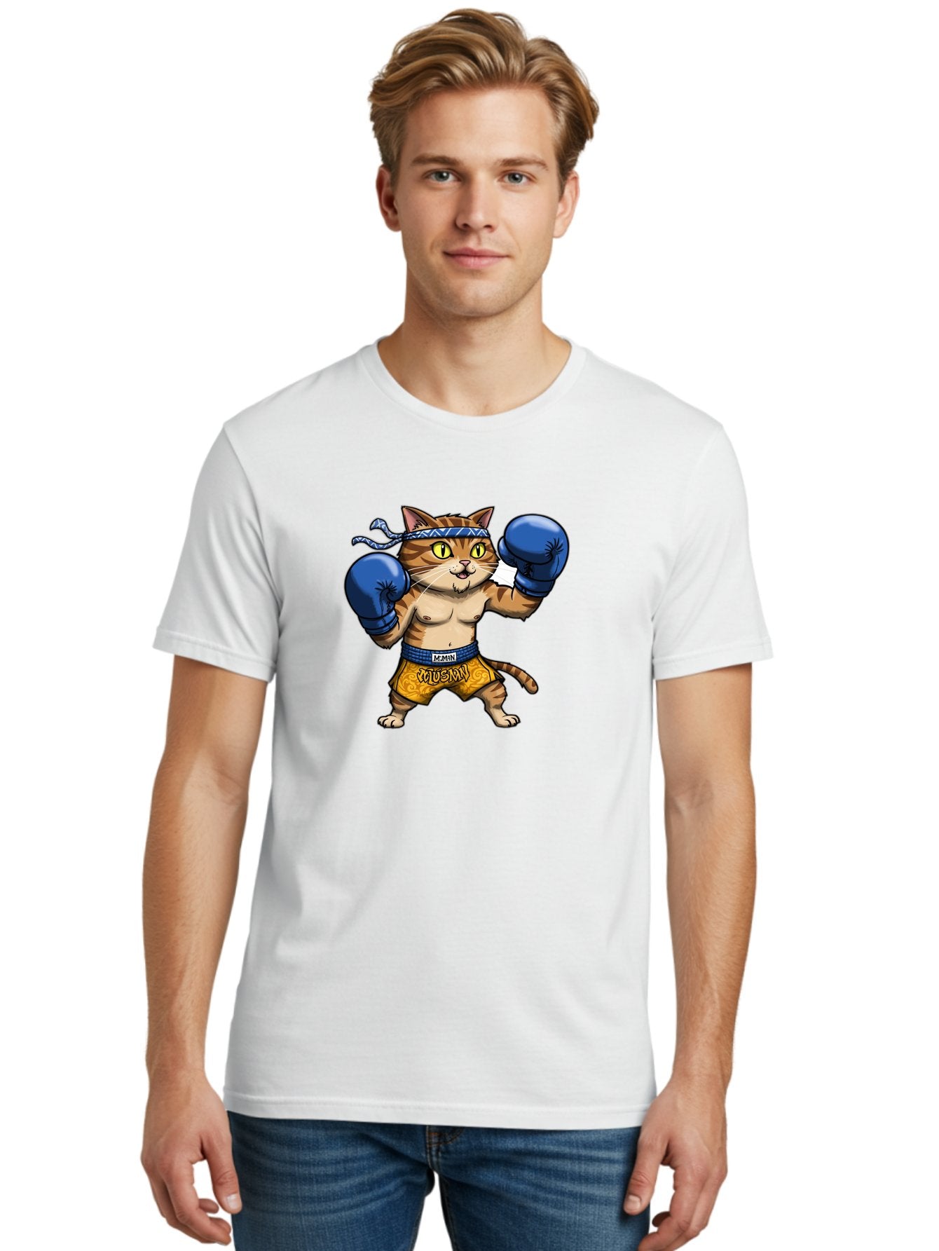Muay-Muay-Cat Men'S Graphic Tee, 100% Cotton, Comfortable Casual Summer Wear, Machine Washable, Cartoon Cat In Boxing Gloves, Muay Thai Fighter, Muay Mun, Feline Boxer, Cat With Boxing Shorts, Funny Cat Character, Muay Thai Cat, Comic Cat, Bae547 29
