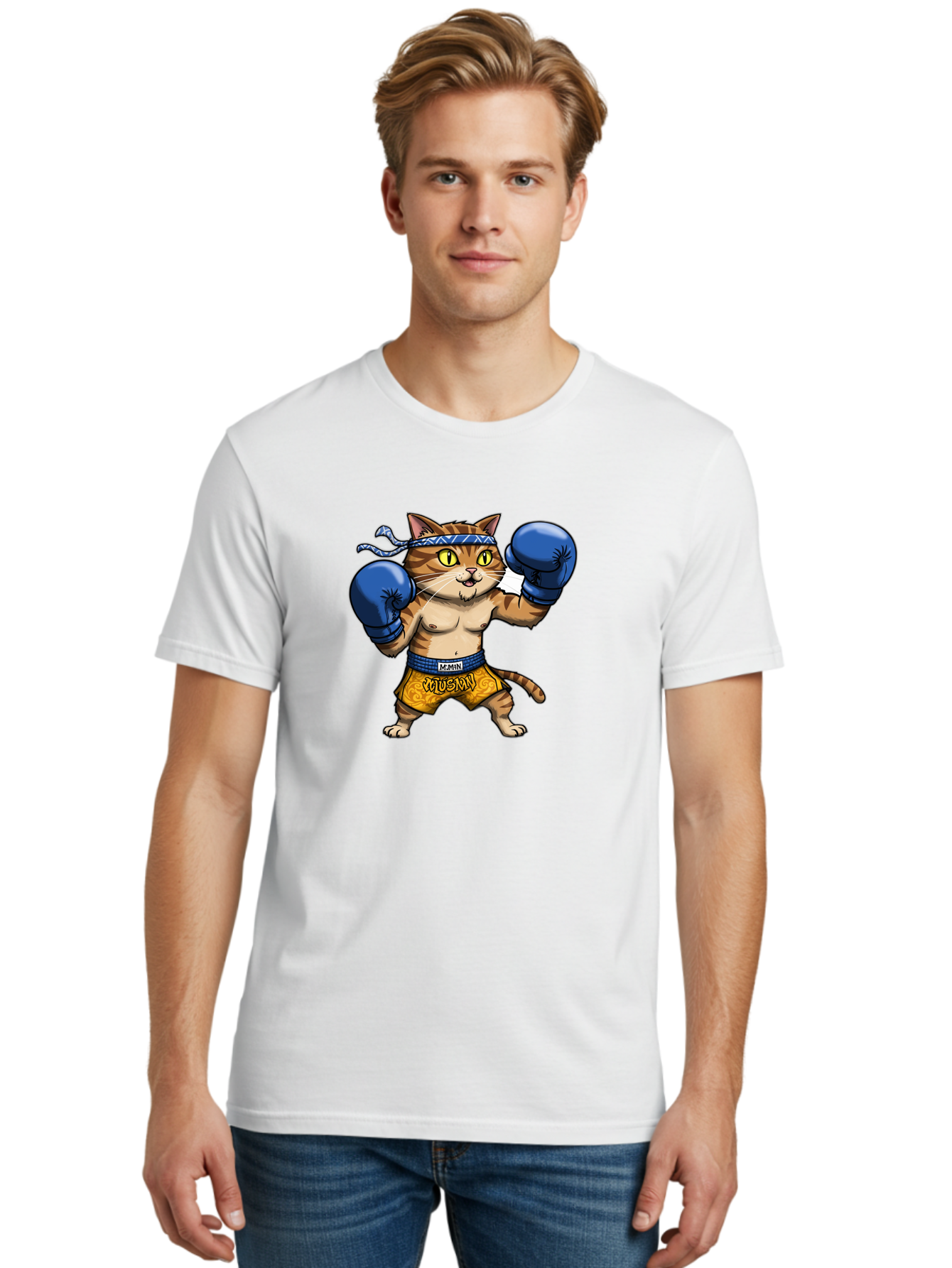 Muay-Muay-Cat Men'S Graphic Tee, 100% Cotton, Comfortable Casual Summer Wear, Machine Washable, Cartoon Cat In Boxing Gloves, Muay Thai Fighter, Muay Mun, Feline Boxer, Cat With Boxing Shorts, Funny Cat Character, Muay Thai Cat, Comic Cat, Bae547 17